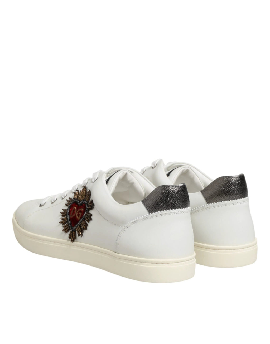 Dolce & Gabbana White Leather Heart Embellished Sneakers Shoes by Dolce & Gabbana