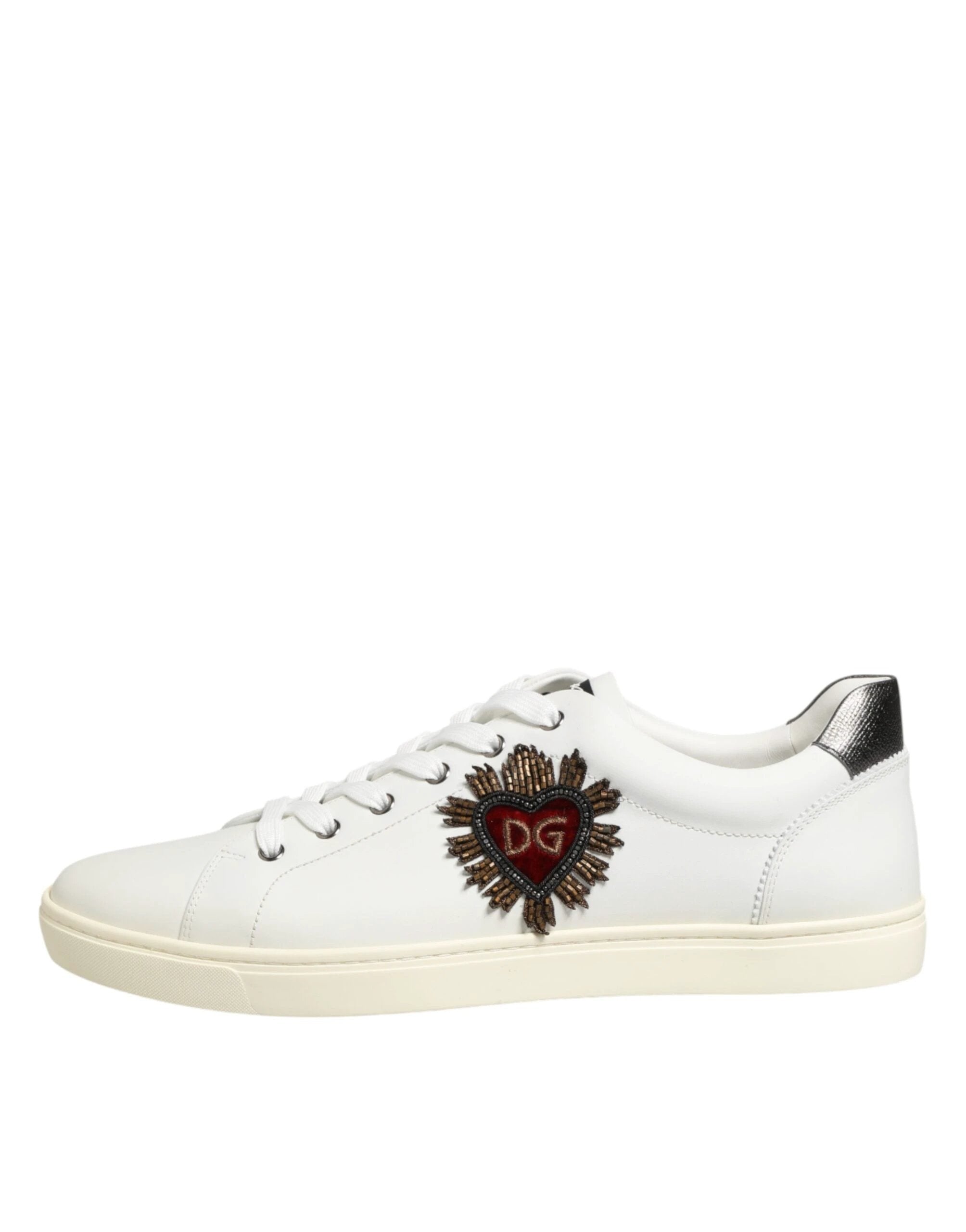 Dolce & Gabbana White Leather Heart Embellished Sneakers Shoes by Dolce & Gabbana