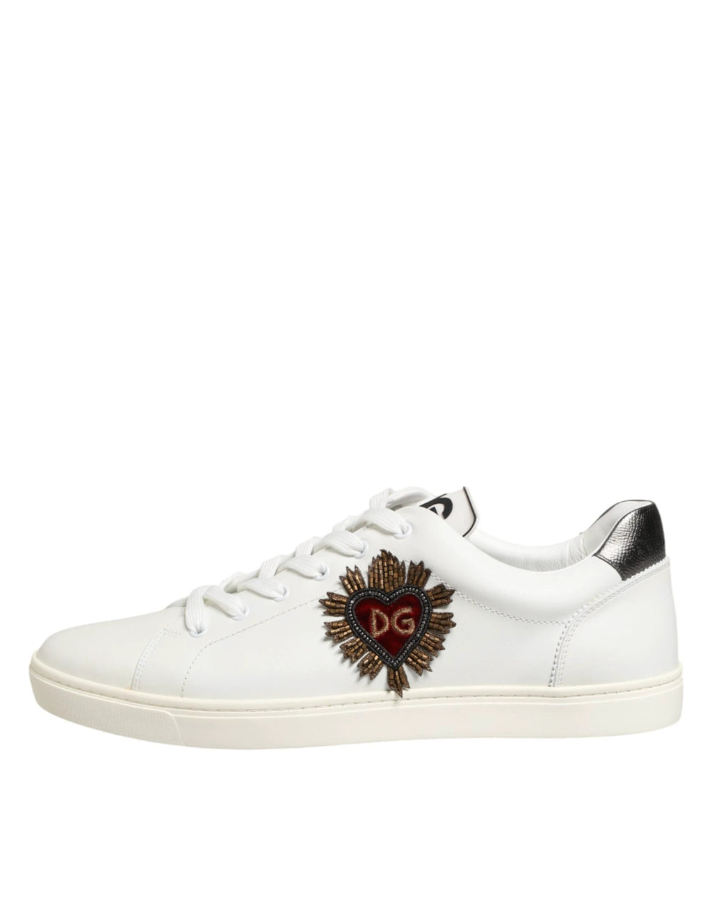 Dolce & Gabbana White Leather Heart Embellished Sneakers Shoes by Dolce & Gabbana