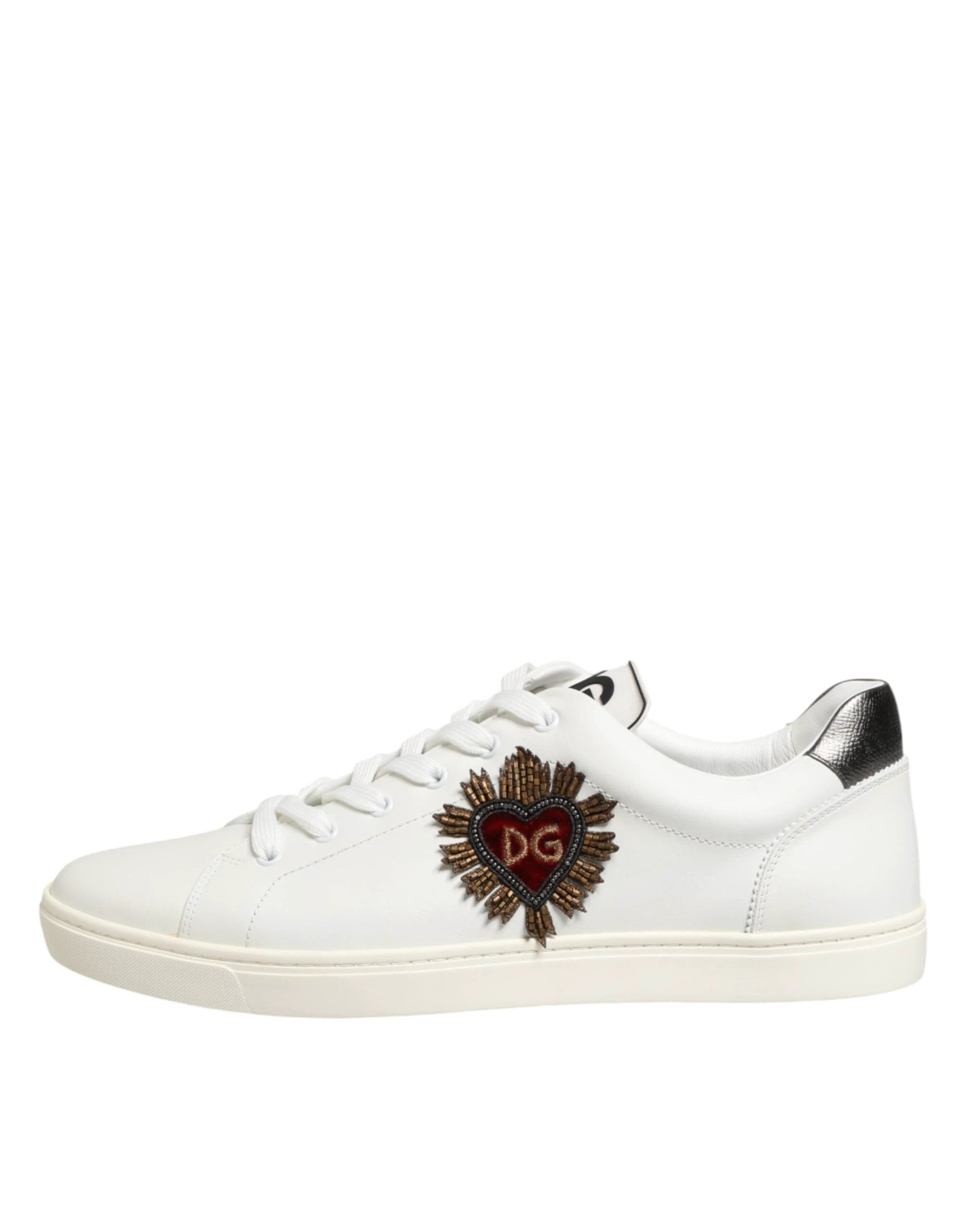 Dolce & Gabbana White Leather Heart Embellished Sneakers Shoes by Dolce & Gabbana