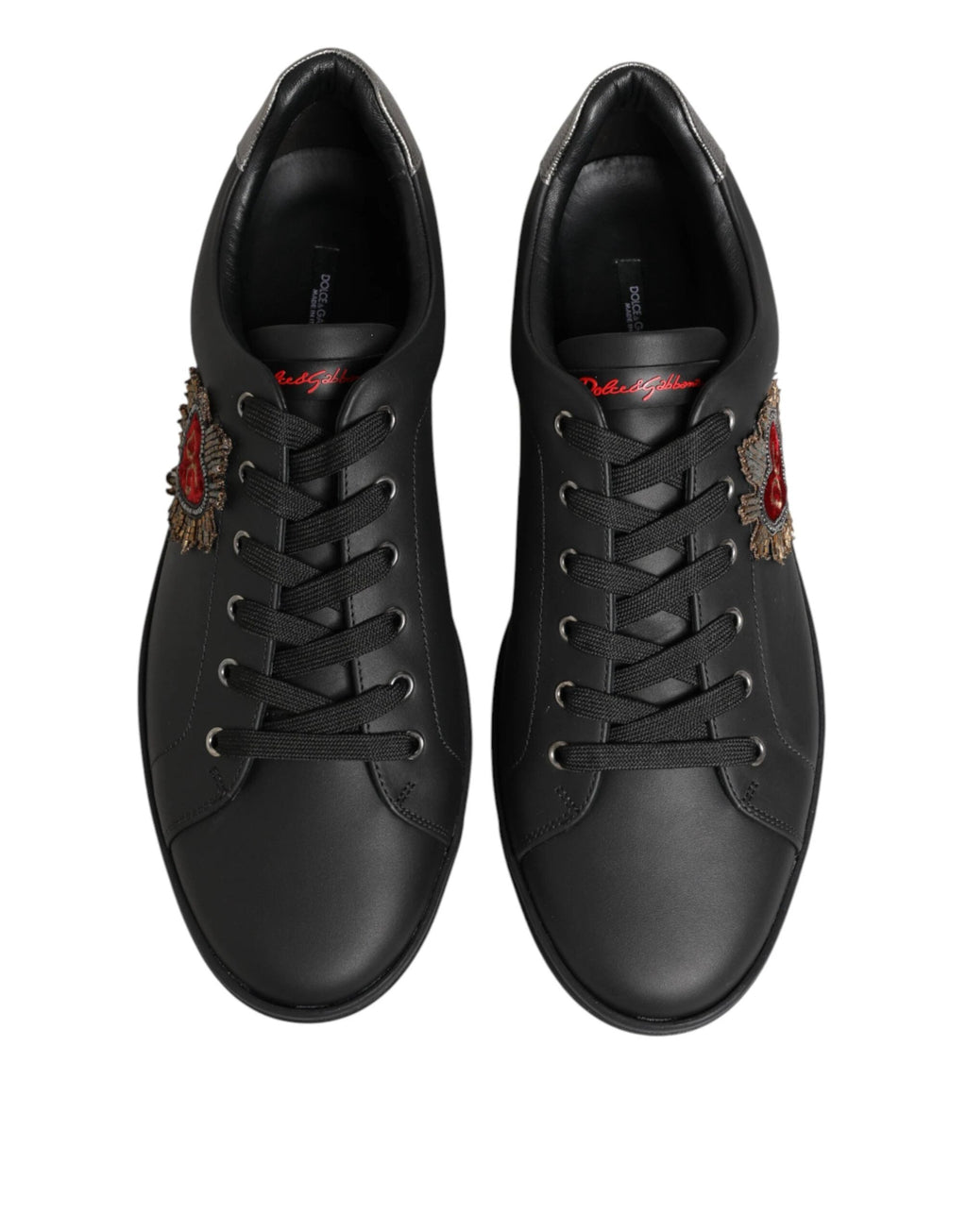 Dolce & Gabbana Black Leather Heart Embellished Sneakers Shoes by Dolce & Gabbana
