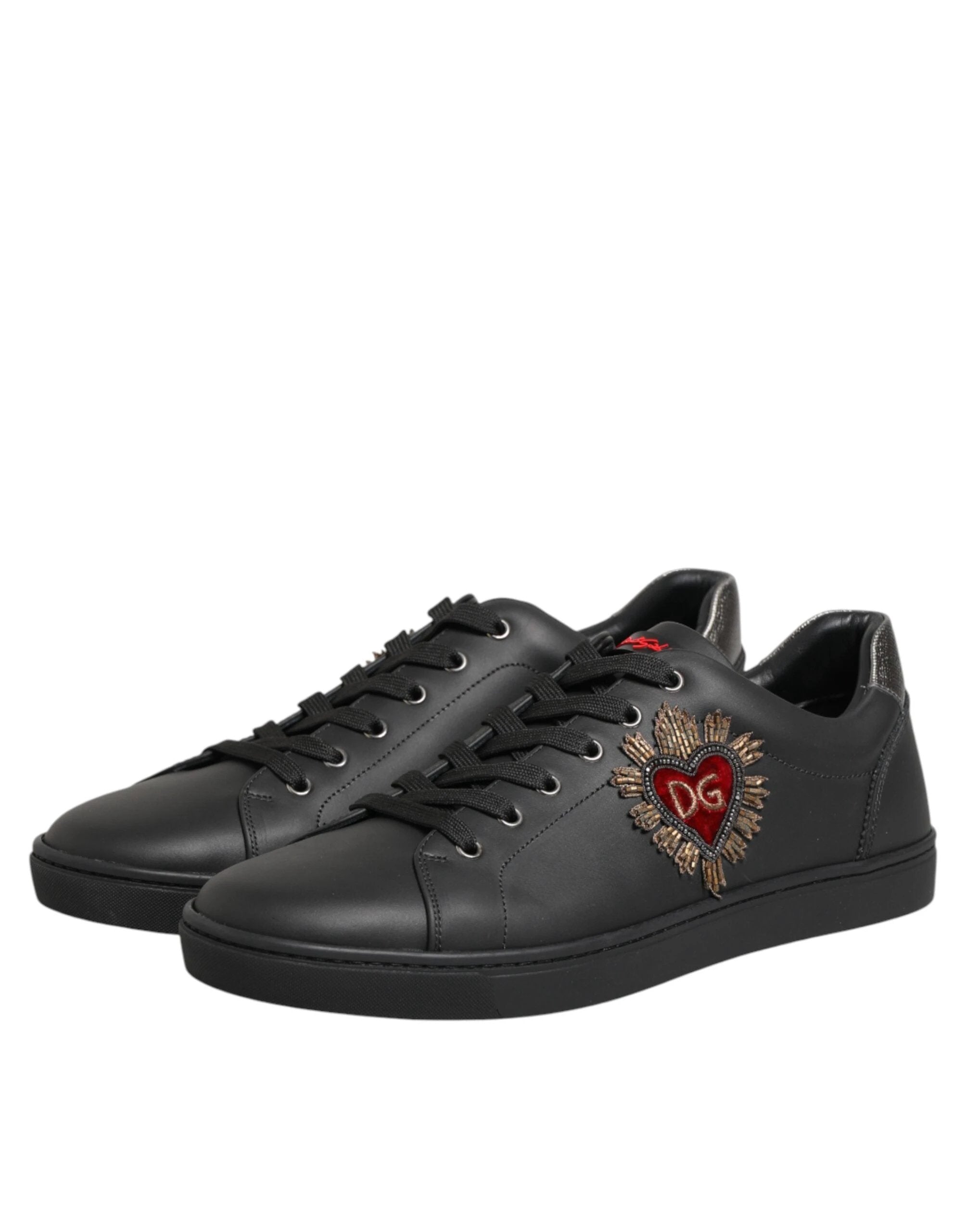 Dolce & Gabbana Black Leather Heart Embellished Sneakers Shoes by Dolce & Gabbana