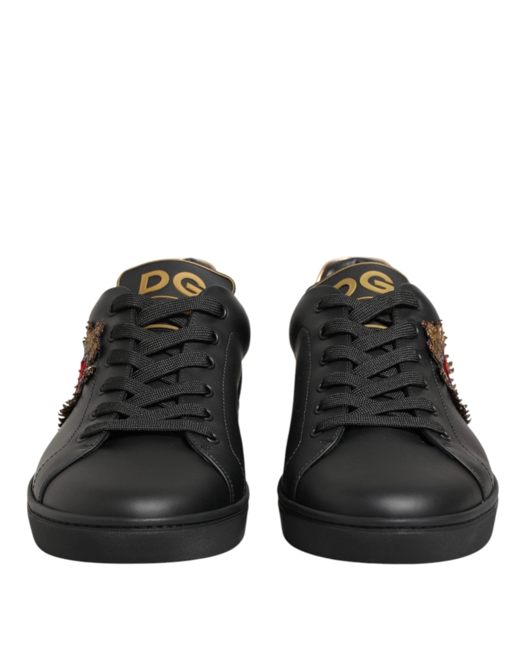Dolce & Gabbana Black Leather Heart Embellished Sneakers Shoes by Dolce & Gabbana