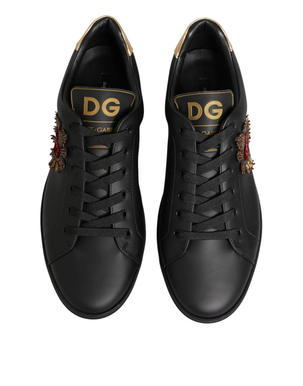 Dolce & Gabbana Black Leather Heart Embellished Sneakers Shoes by Dolce & Gabbana