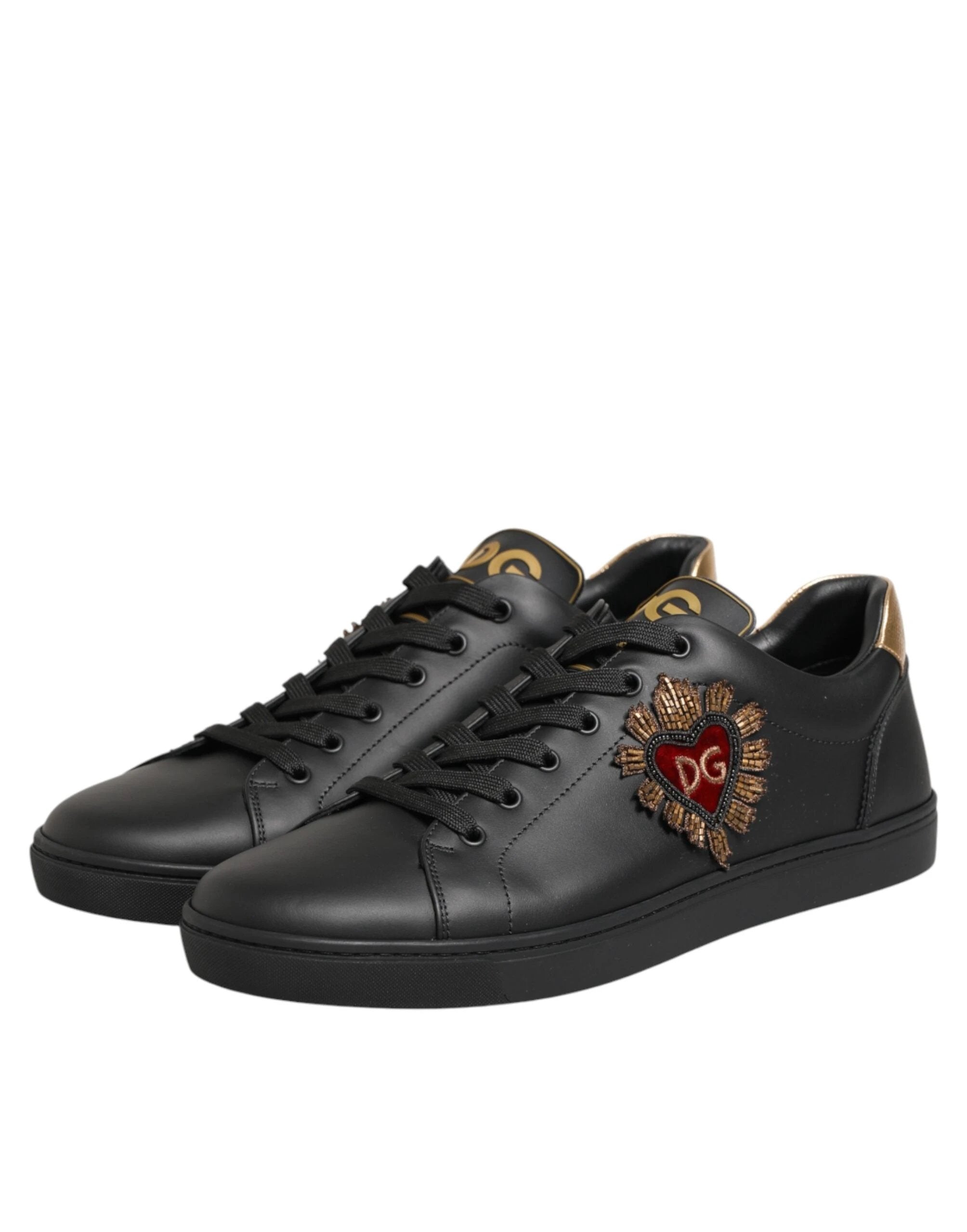Dolce & Gabbana Black Leather Heart Embellished Sneakers Shoes by Dolce & Gabbana