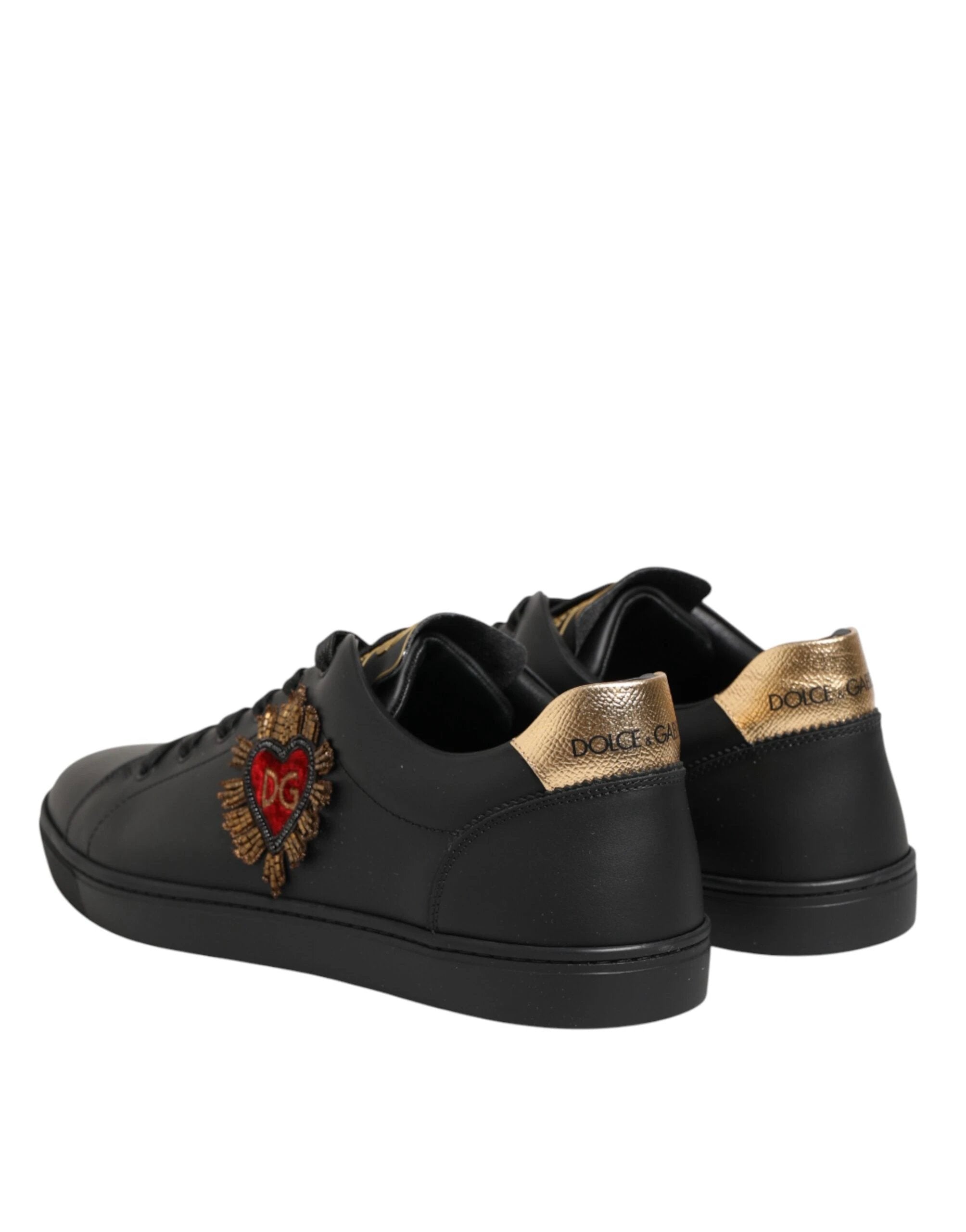 Dolce & Gabbana Black Leather Heart Embellished Sneakers Shoes by Dolce & Gabbana