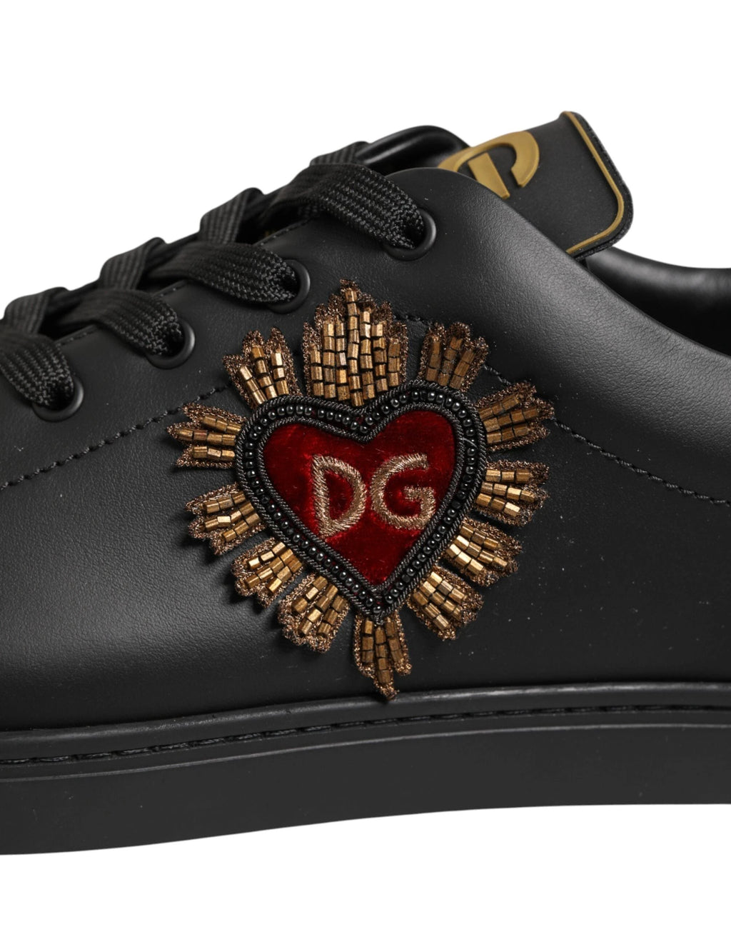 Dolce & Gabbana Black Leather Heart Embellished Sneakers Shoes by Dolce & Gabbana