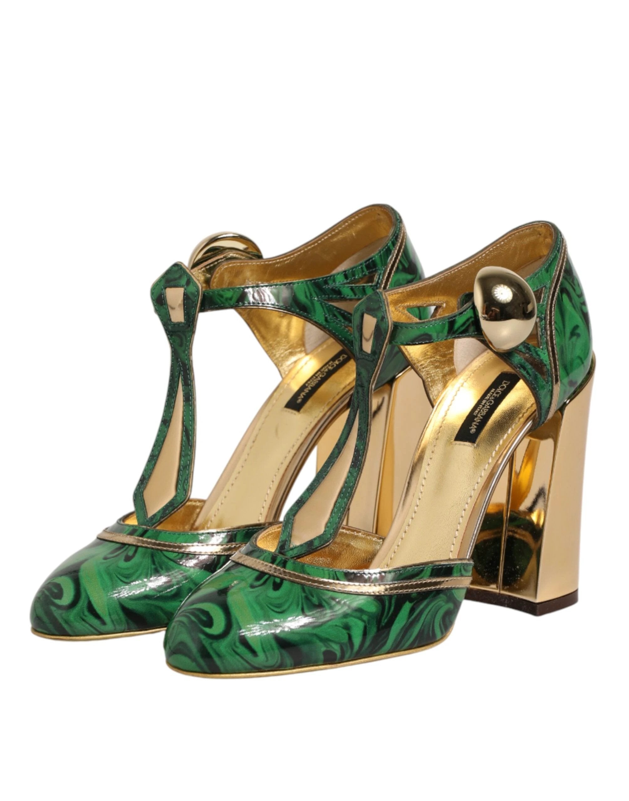 Dolce & Gabbana Green Leather T-STRAPS Heels Sandals Shoes by Dolce & Gabbana