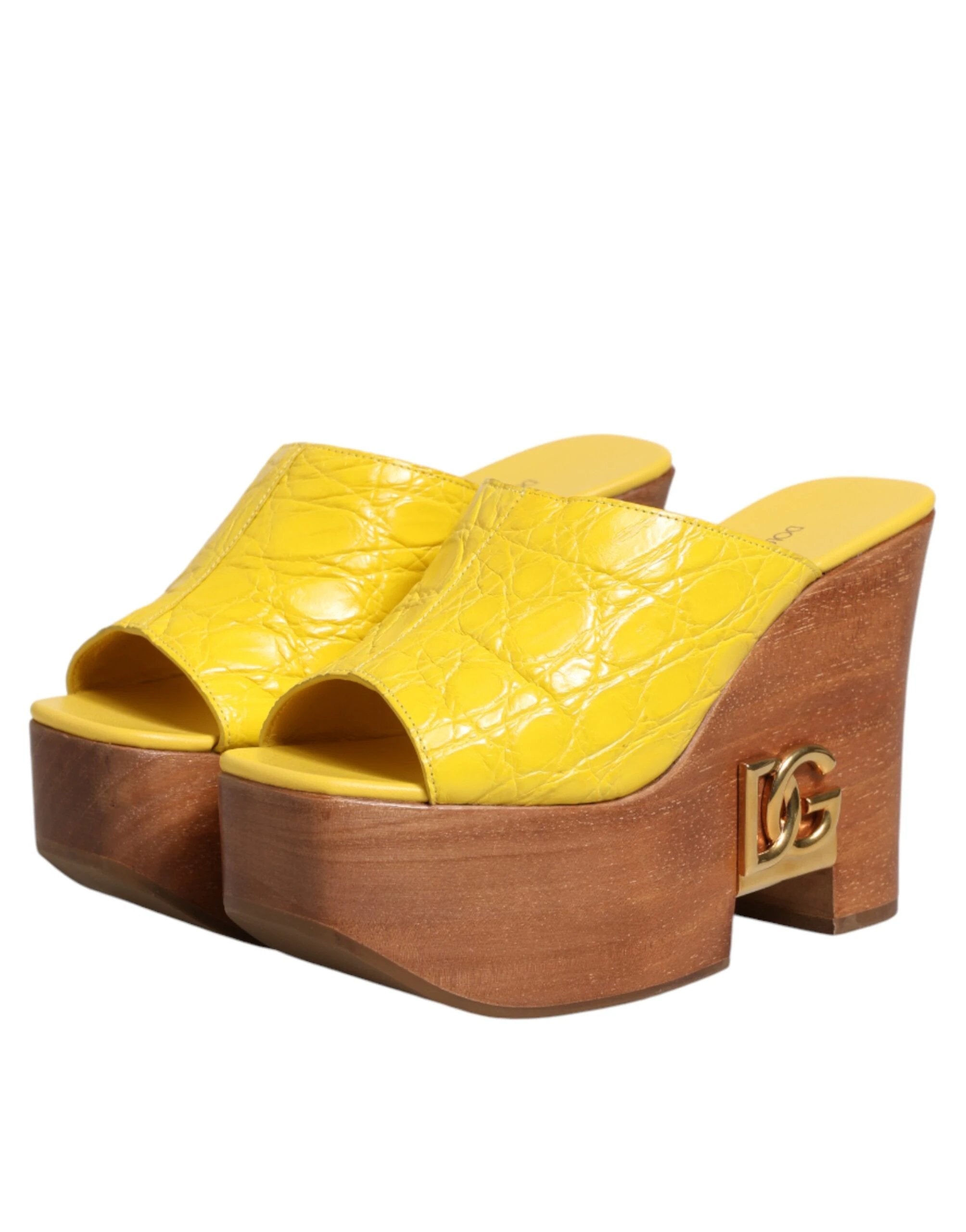 Dolce & Gabbana Yellow Leather Wood Mule Wedge Slides Shoes by Dolce & Gabbana