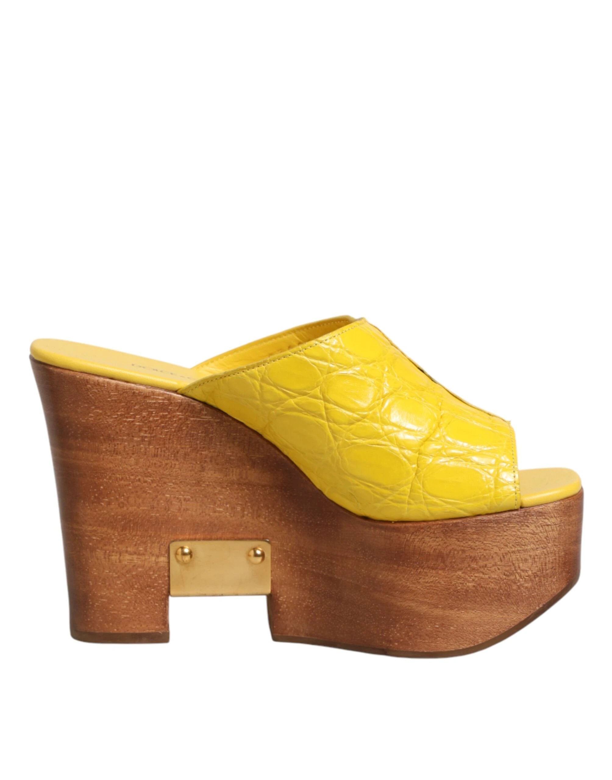 Dolce & Gabbana Yellow Leather Wood Mule Wedge Slides Shoes by Dolce & Gabbana