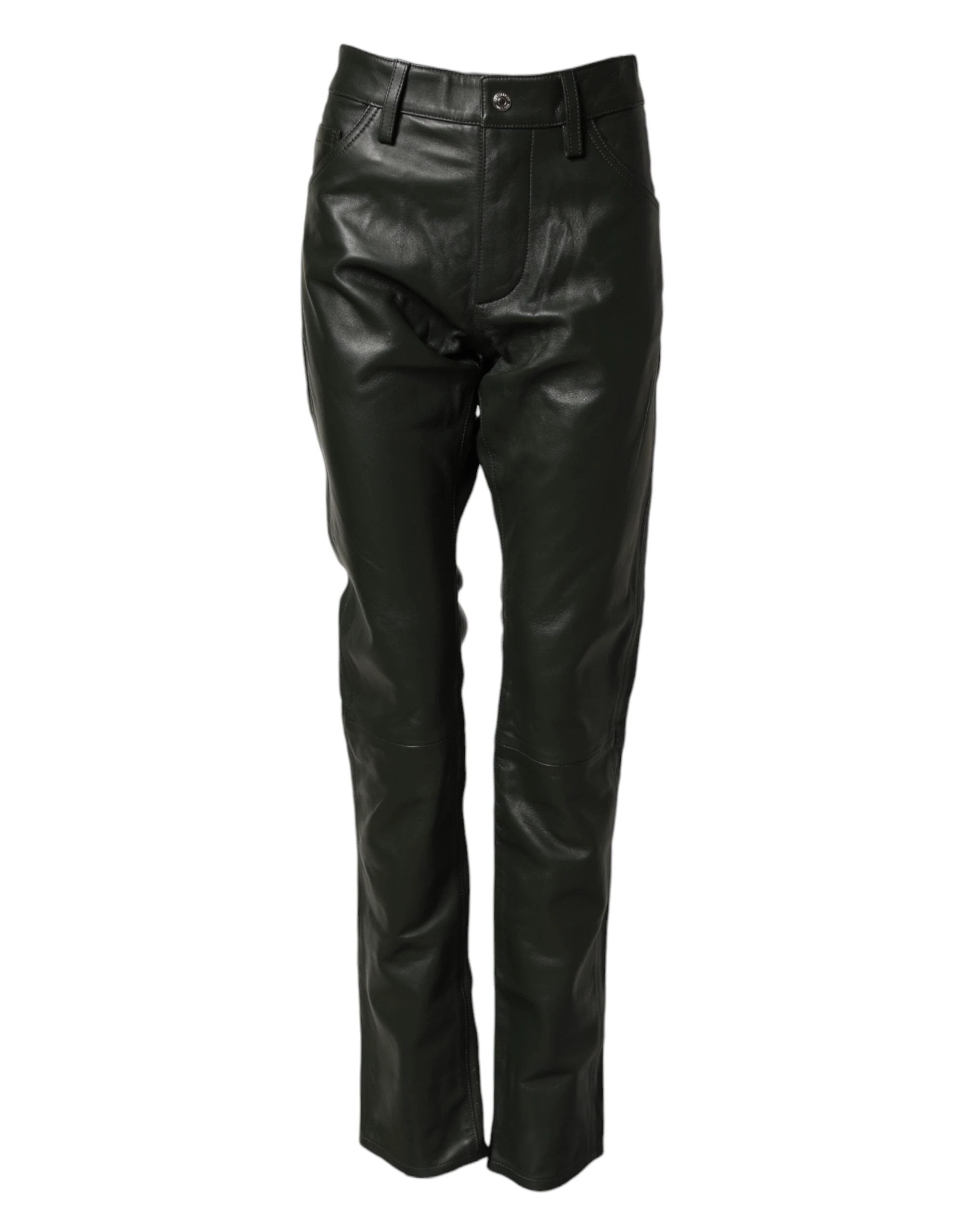Dsquared² Black Full Grain Leather Mid Waist Trouser Pants by Dsquared²