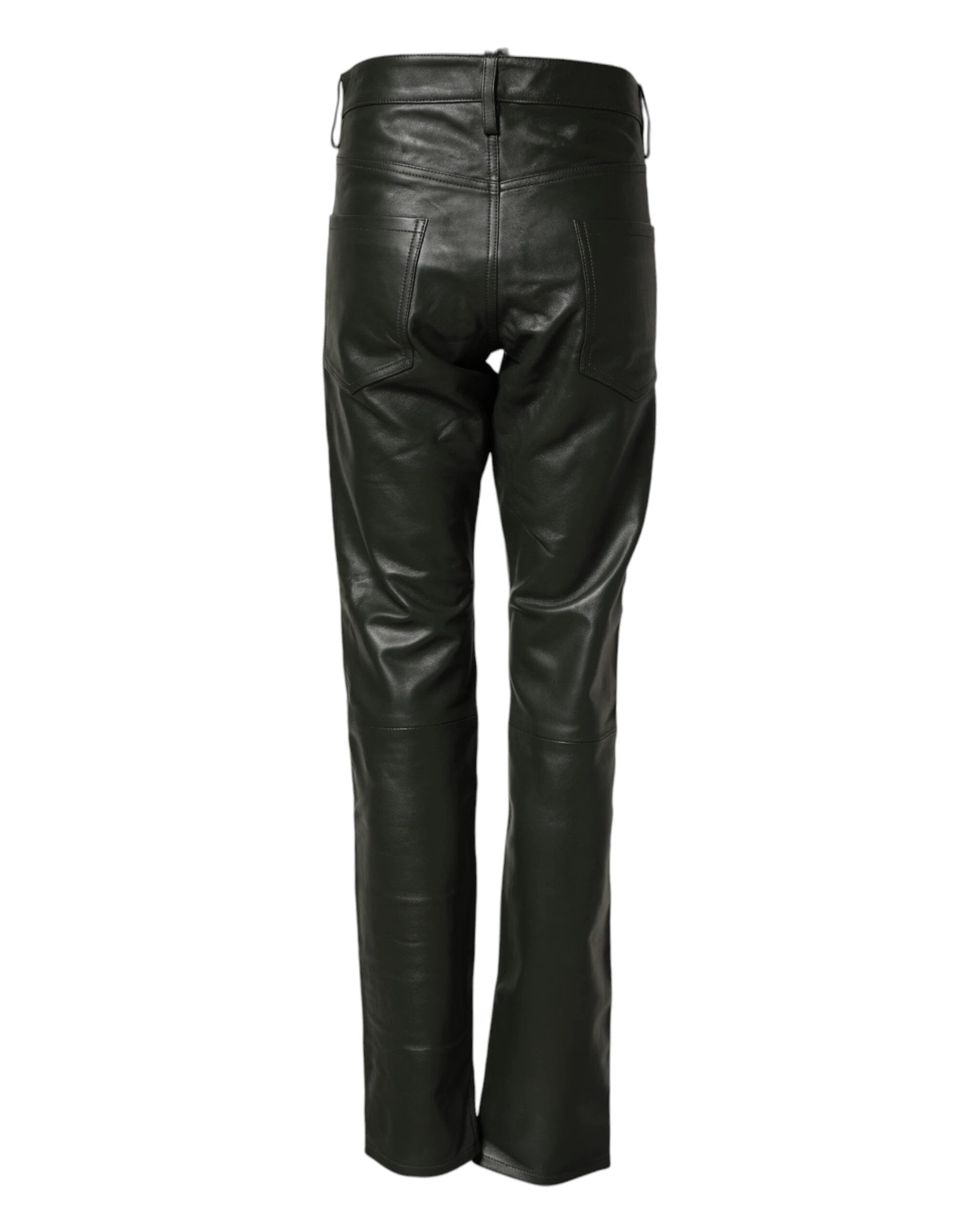 Dsquared² Black Full Grain Leather Mid Waist Trouser Pants by Dsquared²