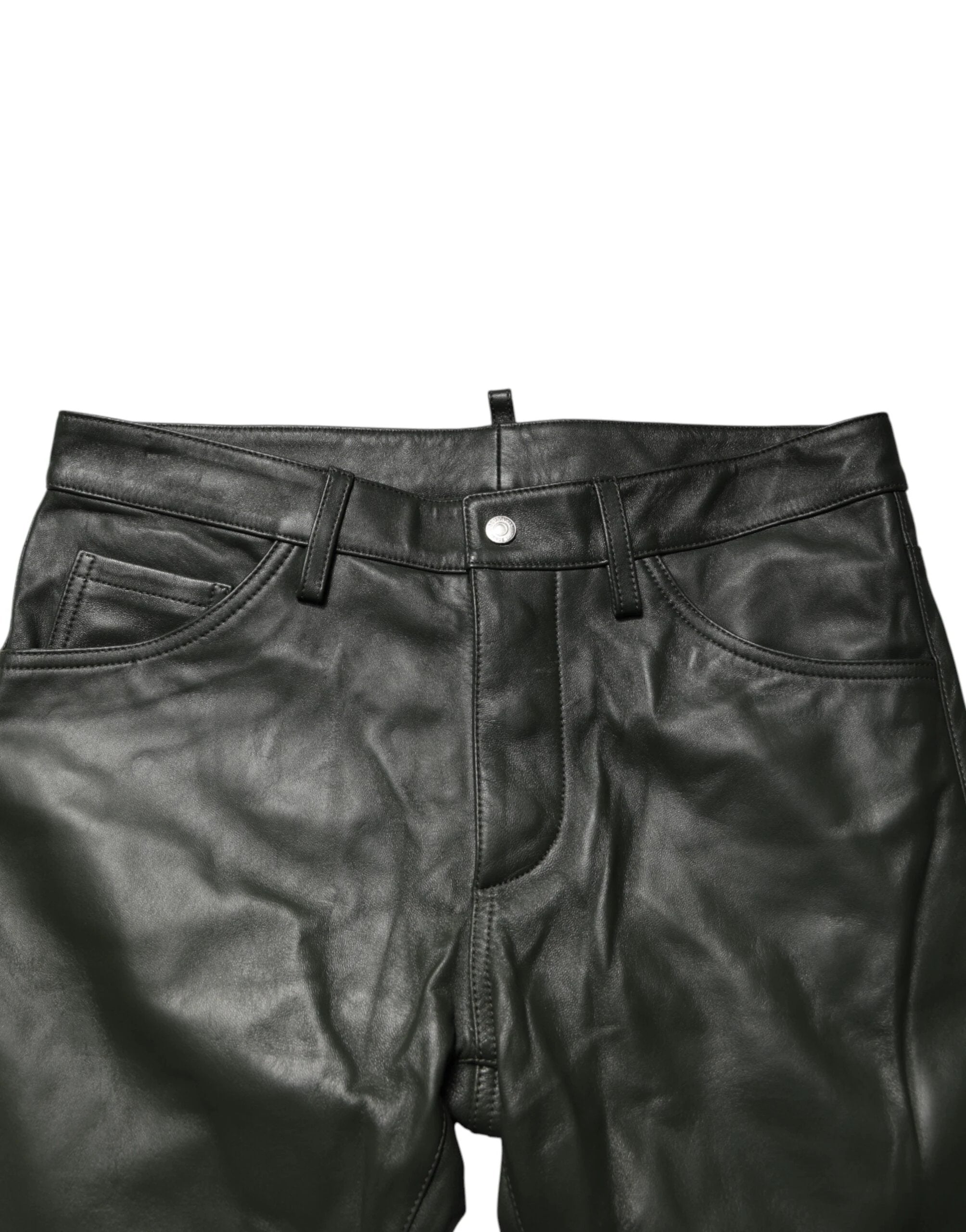 Dsquared² Black Full Grain Leather Mid Waist Trouser Pants by Dsquared²