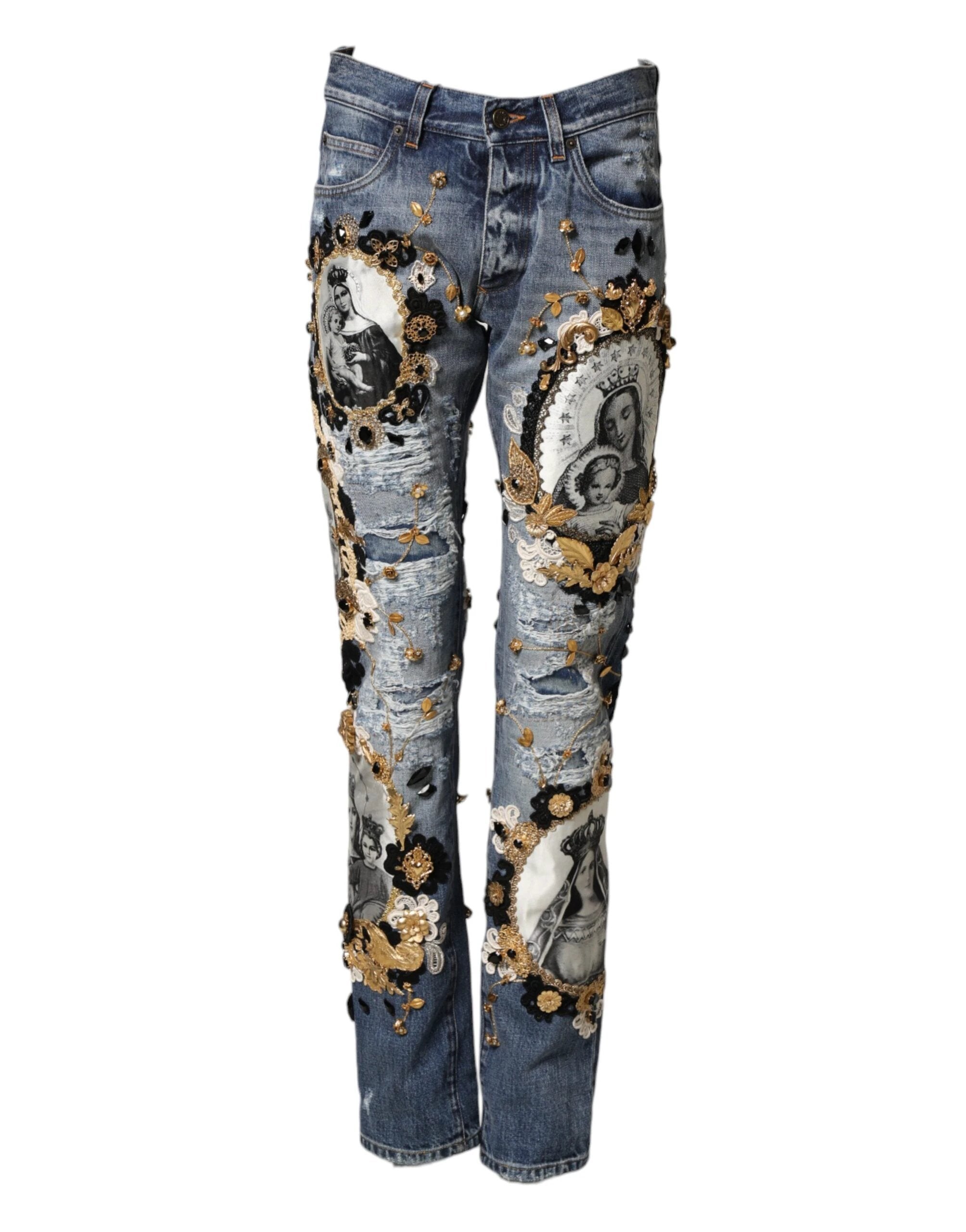 Dolce & Gabbana Blue Ripped Embellished Cotton Denim Jeans by Dolce & Gabbana