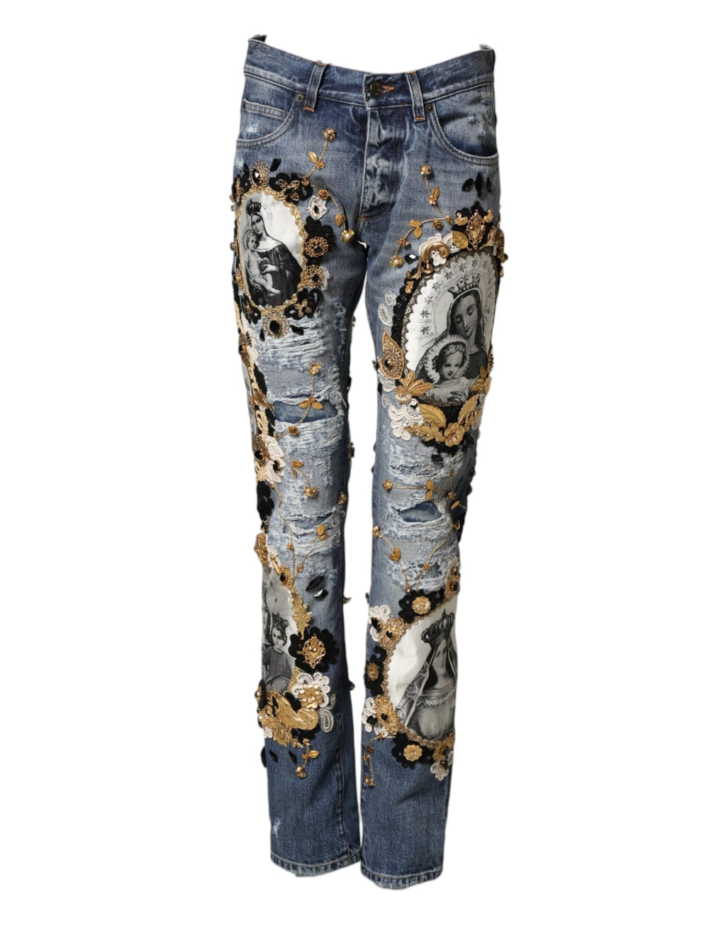 Dolce & Gabbana Blue Ripped Embellished Cotton Denim Jeans by Dolce & Gabbana