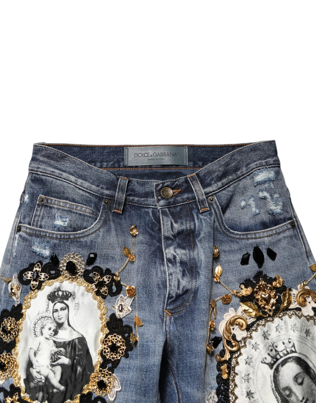 Dolce & Gabbana Blue Ripped Embellished Cotton Denim Jeans by Dolce & Gabbana