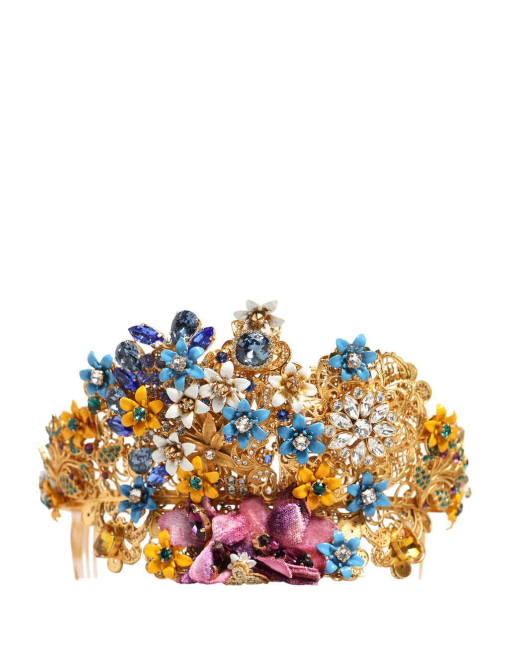 Dolce & Gabbana Gold Brass Crystal Floral Hortensia Crown Headband Tiara by Dolce & Gabbana