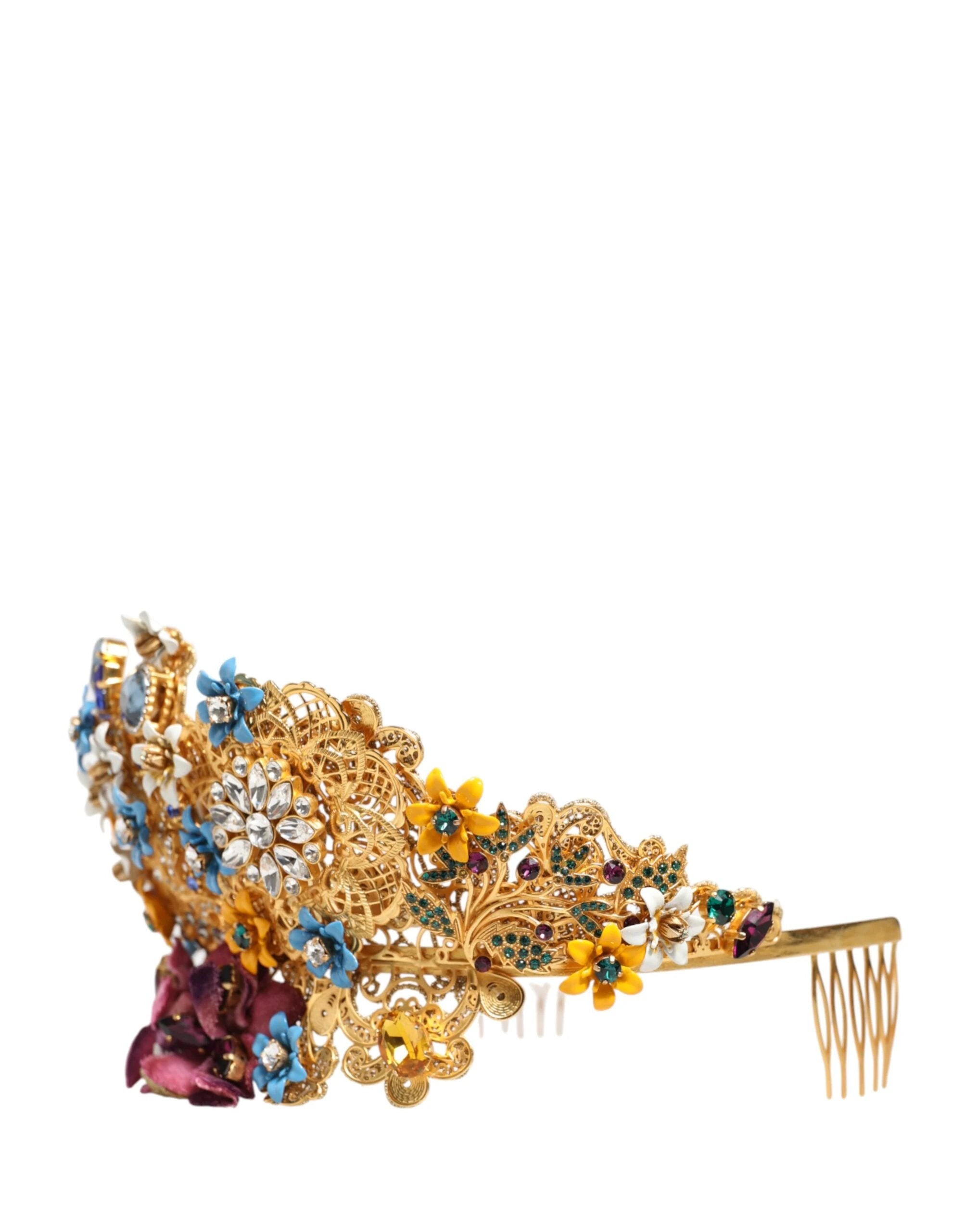 Dolce & Gabbana Gold Brass Crystal Floral Hortensia Crown Headband Tiara by Dolce & Gabbana