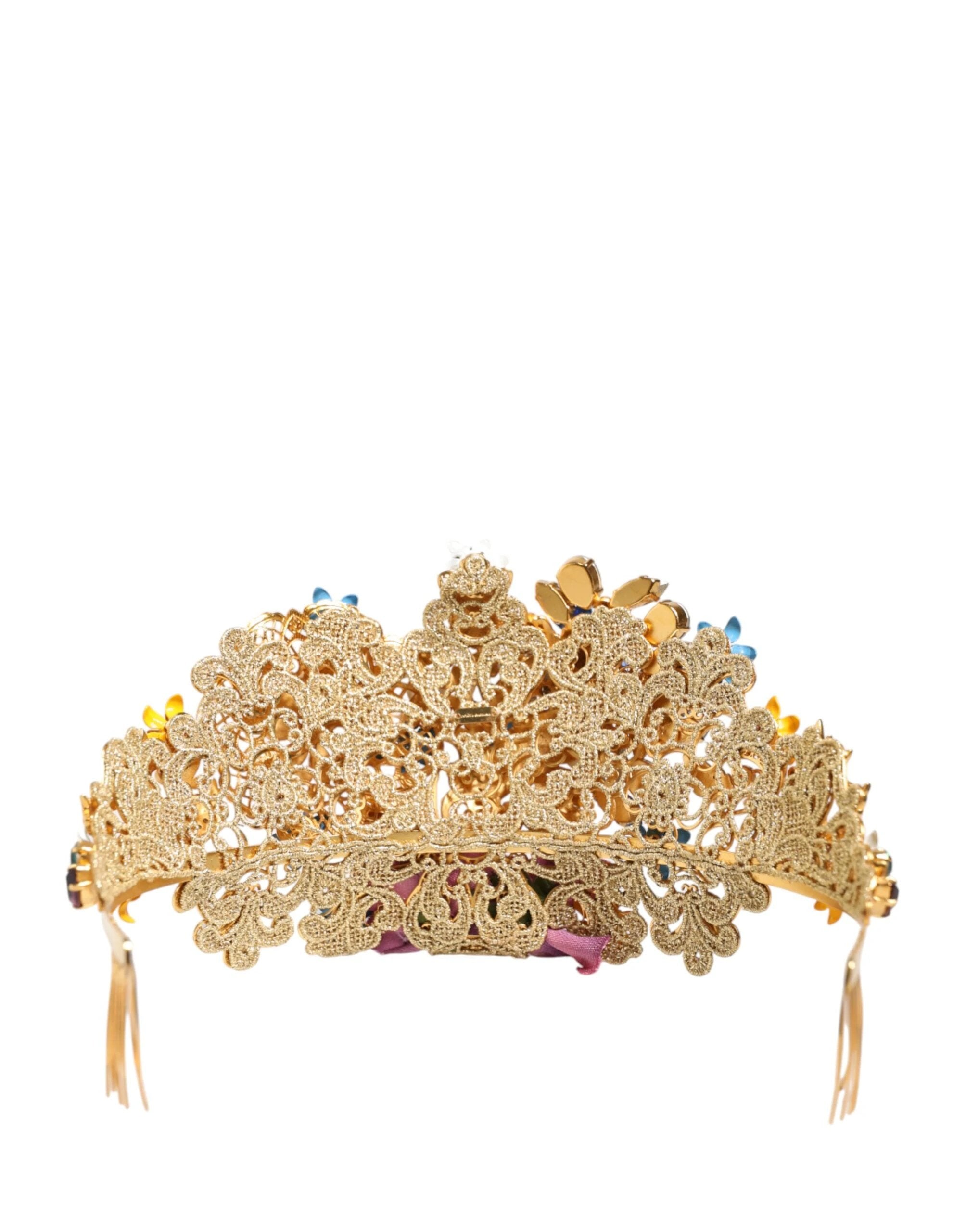 Dolce & Gabbana Gold Brass Crystal Floral Hortensia Crown Headband Tiara by Dolce & Gabbana