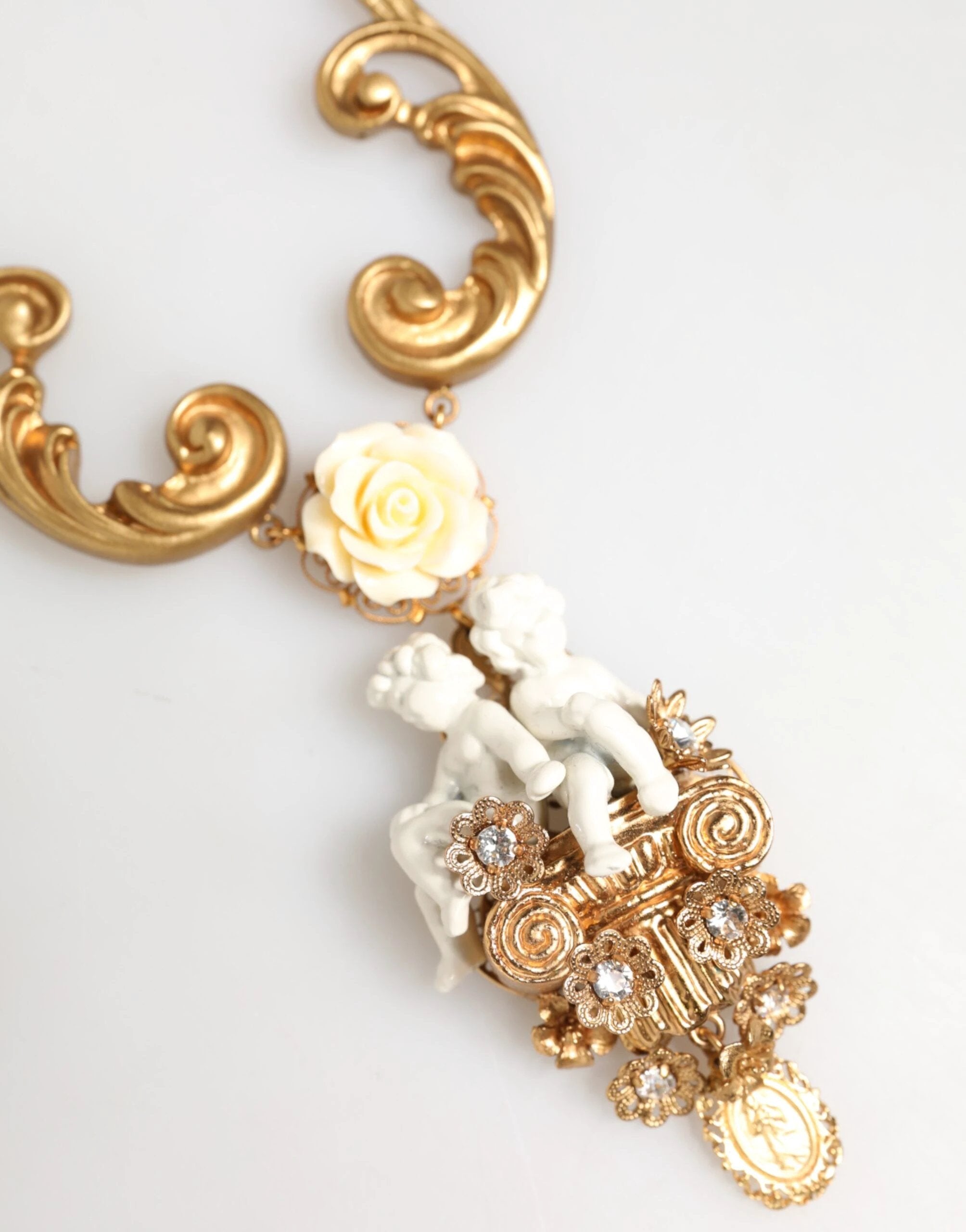 Dolce & Gabbana Gold Ceramic Crystal Cherub Baroque Pendant Necklace by Dolce & Gabbana