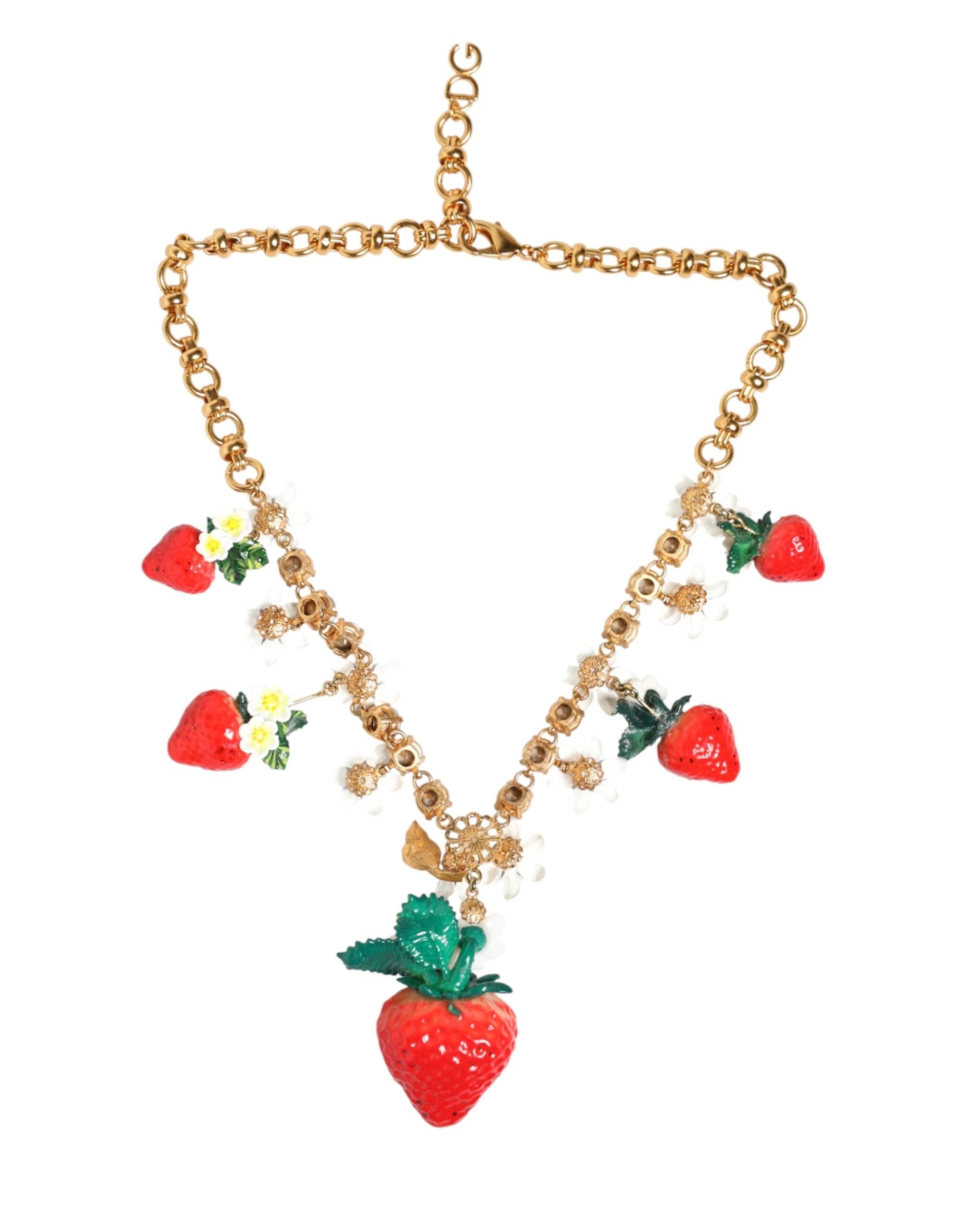 Dolce & Gabbana Gold Brass FRUIT Pendants Flowers Crystal Logo Necklace by Dolce & Gabbana