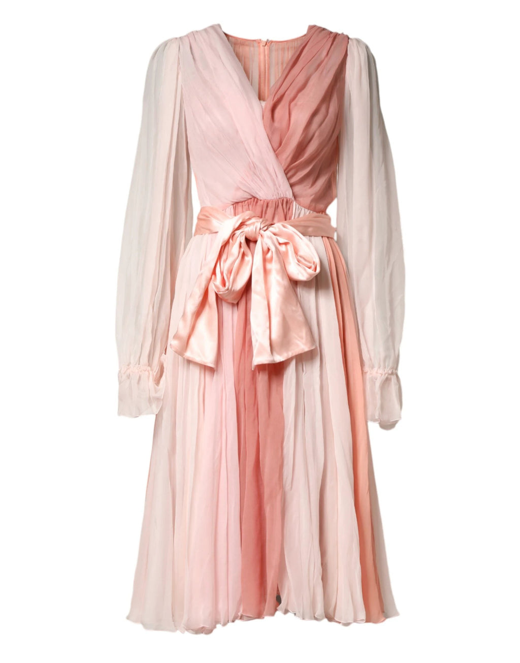 Dolce & Gabbana Pink Silk Tulle Long Sleeve V-neck Dress by Dolce & Gabbana