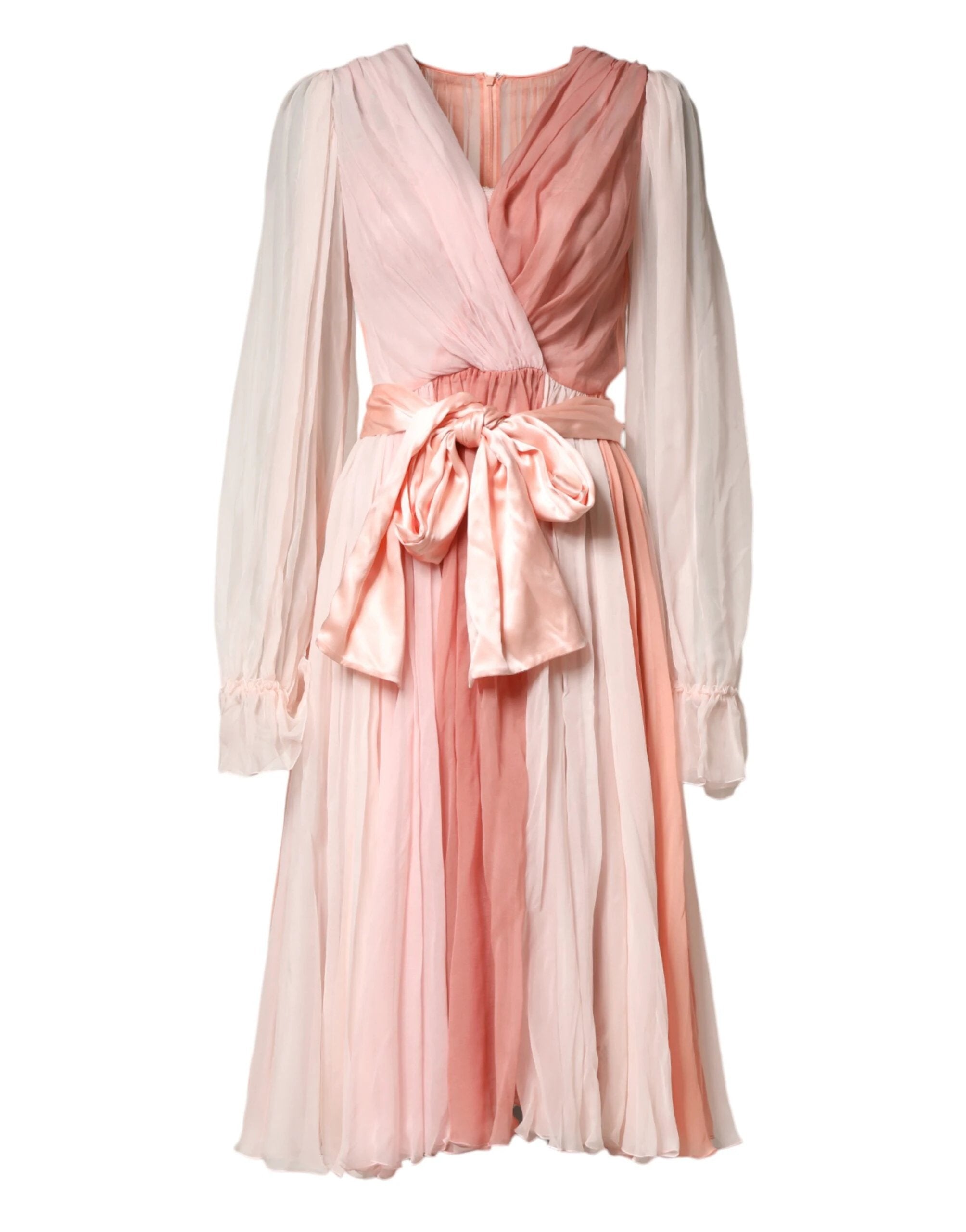Dolce & Gabbana Pink Silk Tulle Long Sleeve V-neck Dress by Dolce & Gabbana