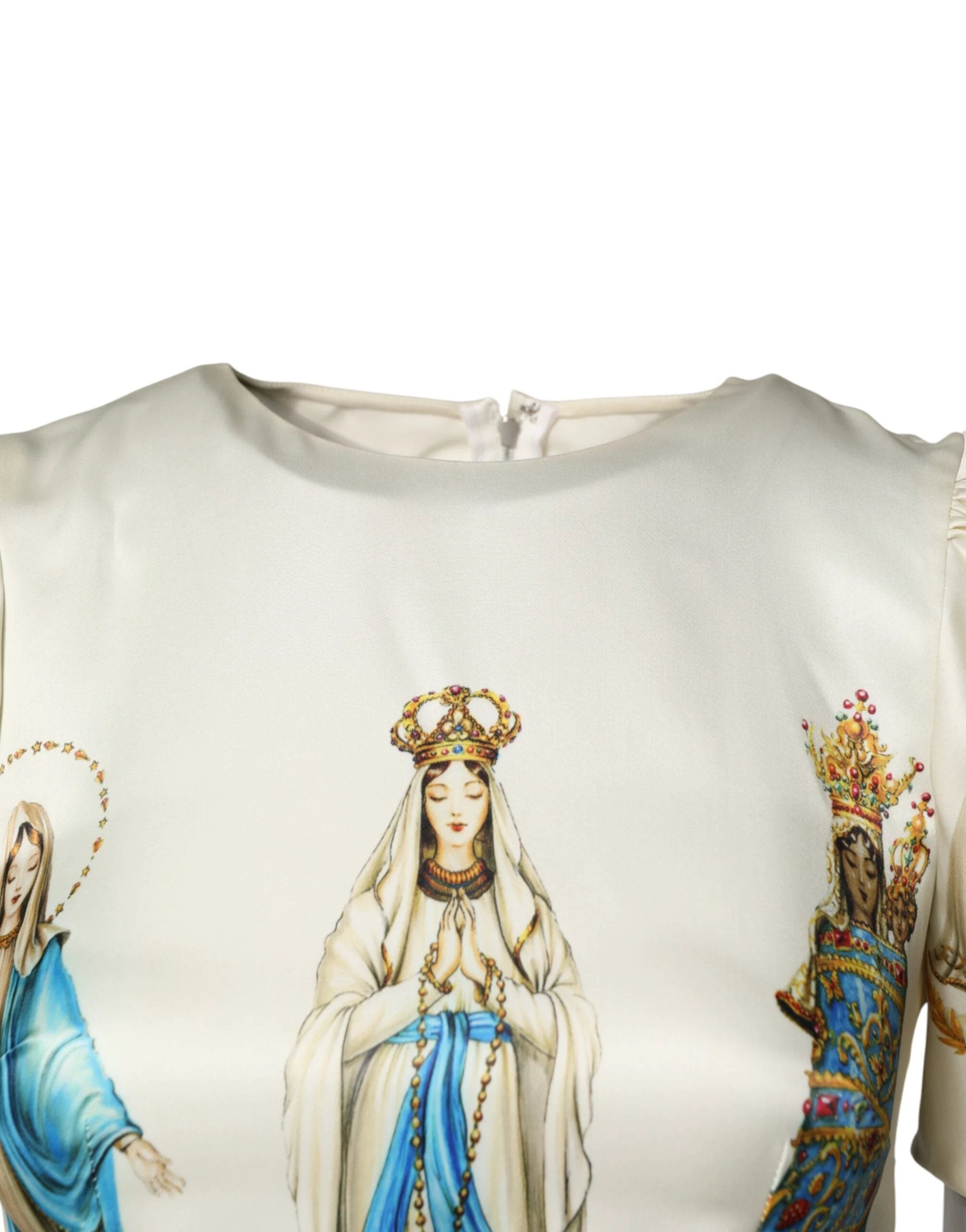 Dolce & Gabbana Beige Madonne Print Silk Short Sleeve Dress by Dolce & Gabbana