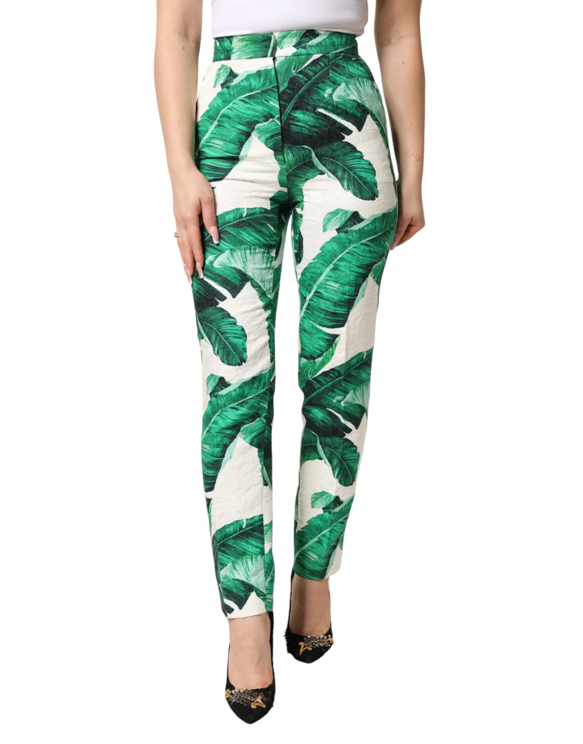 Dolce & Gabbana White Green Leaf High Waist Trousers Pants by Dolce & Gabbana