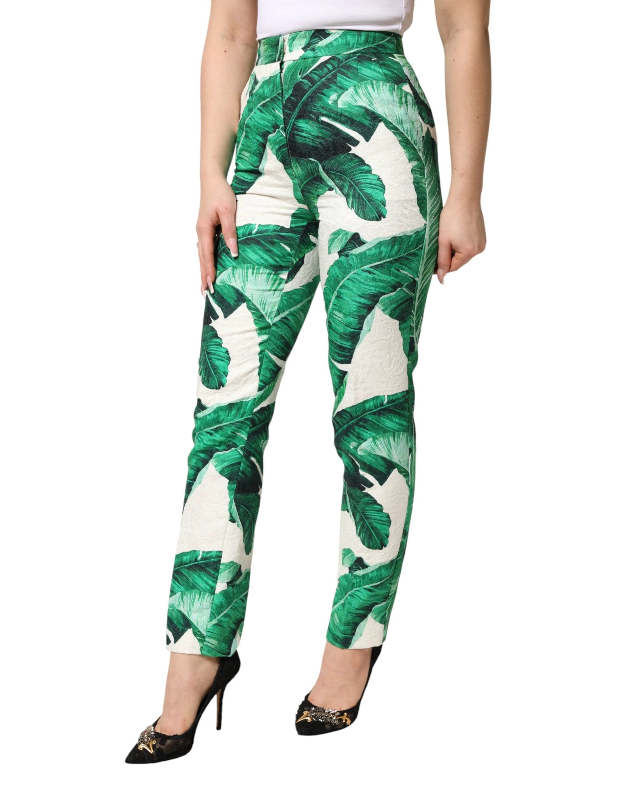 Dolce & Gabbana White Green Leaf High Waist Trousers Pants by Dolce & Gabbana