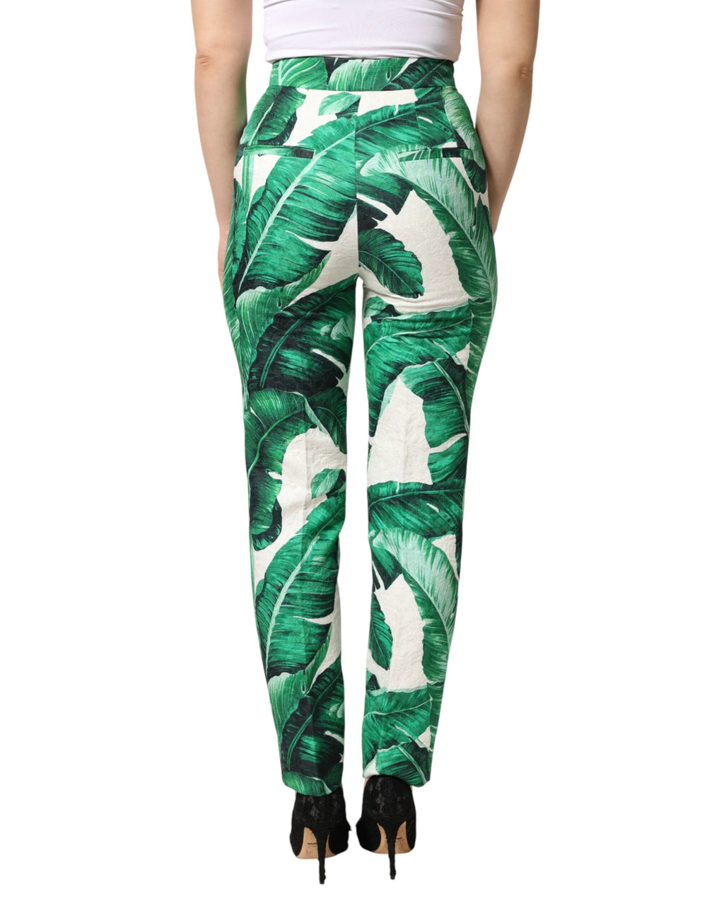 Dolce & Gabbana White Green Leaf High Waist Trousers Pants by Dolce & Gabbana