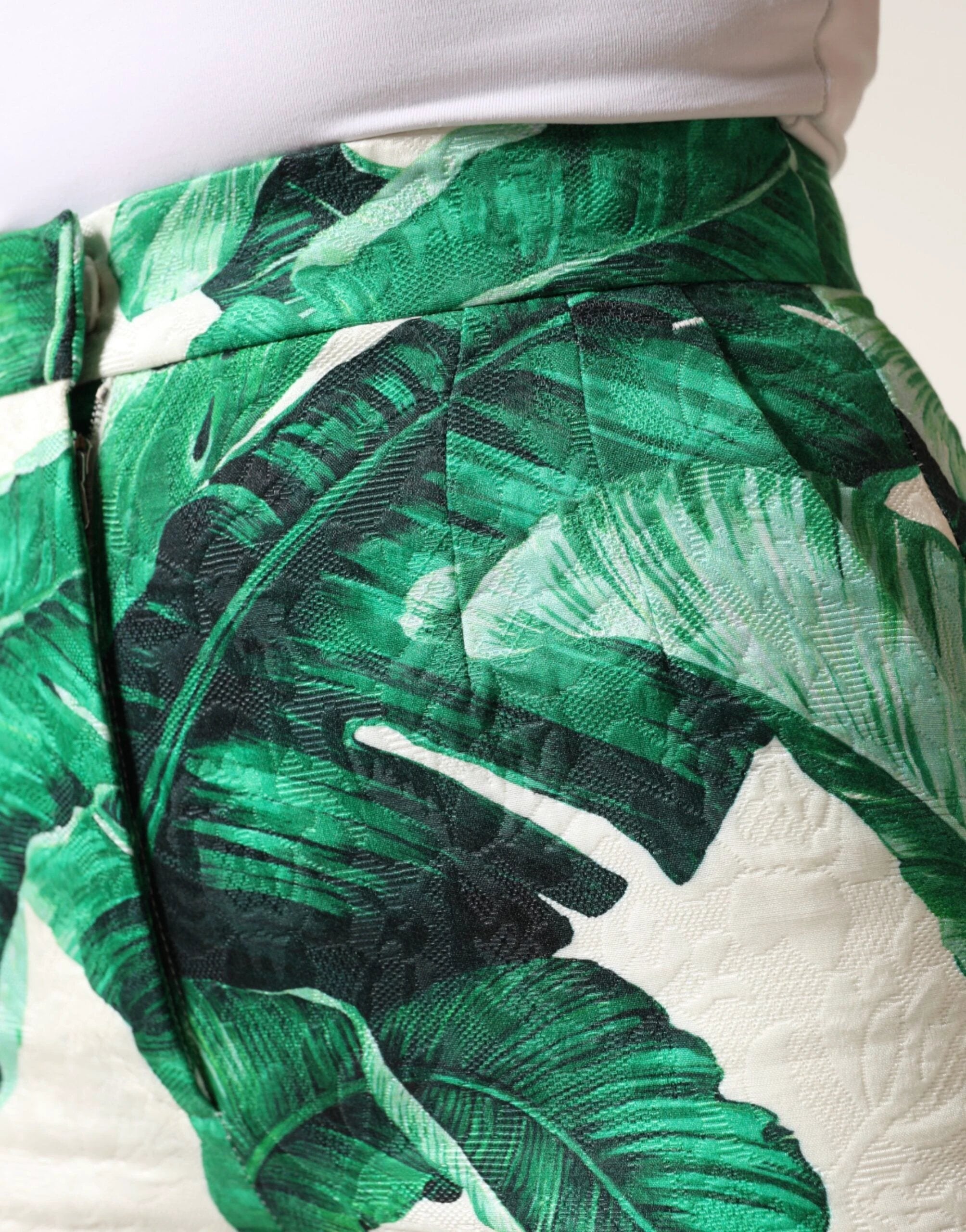 Dolce & Gabbana White Green Leaf High Waist Trousers Pants by Dolce & Gabbana