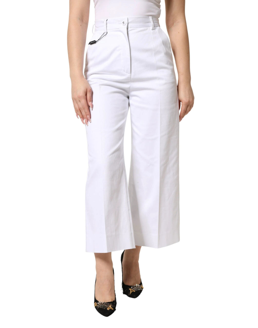 Dolce & Gabbana White Cotton High Waist WideLeg Cropped Pants by Dolce & Gabbana