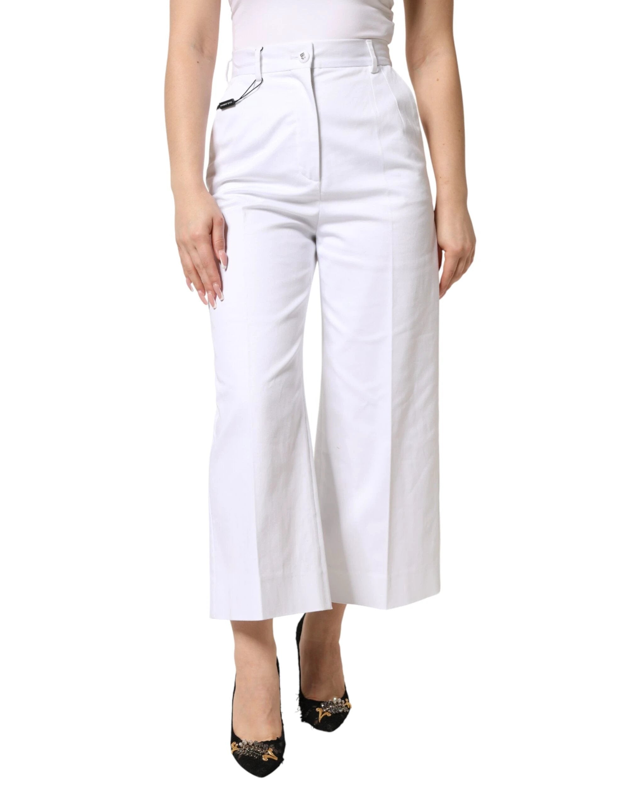 Dolce & Gabbana White Cotton High Waist WideLeg Cropped Pants by Dolce & Gabbana