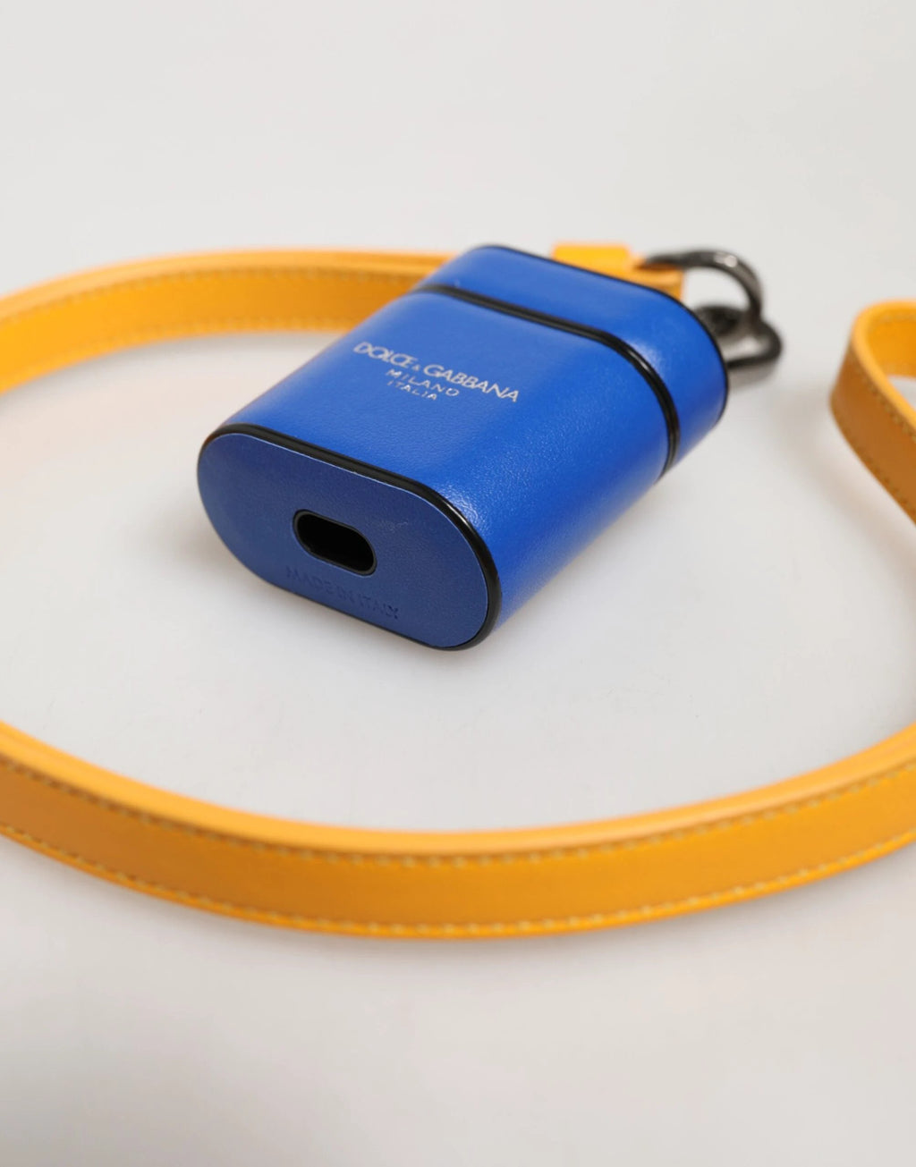 Dolce & Gabbana Blue Yellow Calfskin Leather Logo Strap Men Airpods Case by Dolce & Gabbana