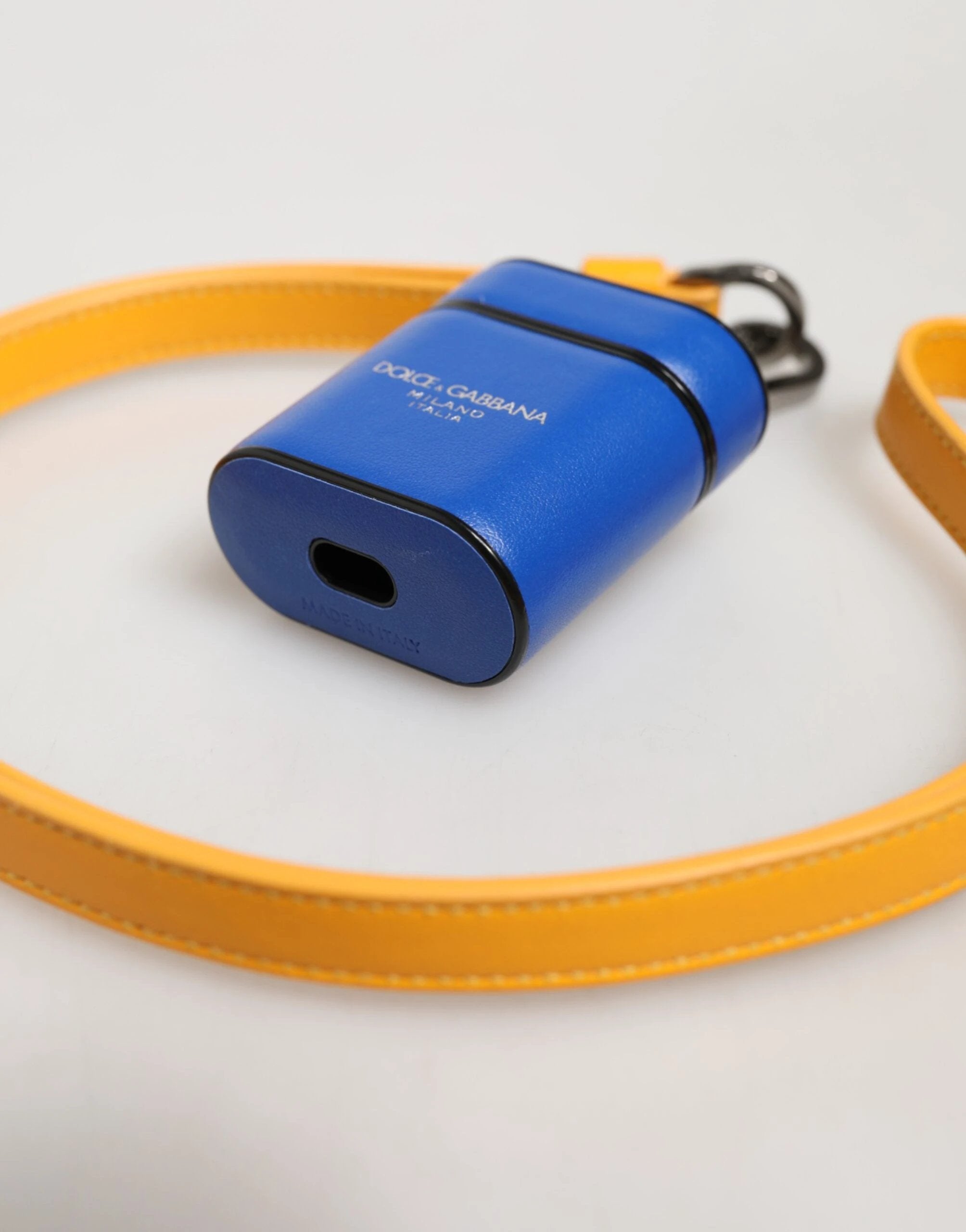 Dolce & Gabbana Blue Yellow Calfskin Leather Logo Strap Men Airpods Case by Dolce & Gabbana