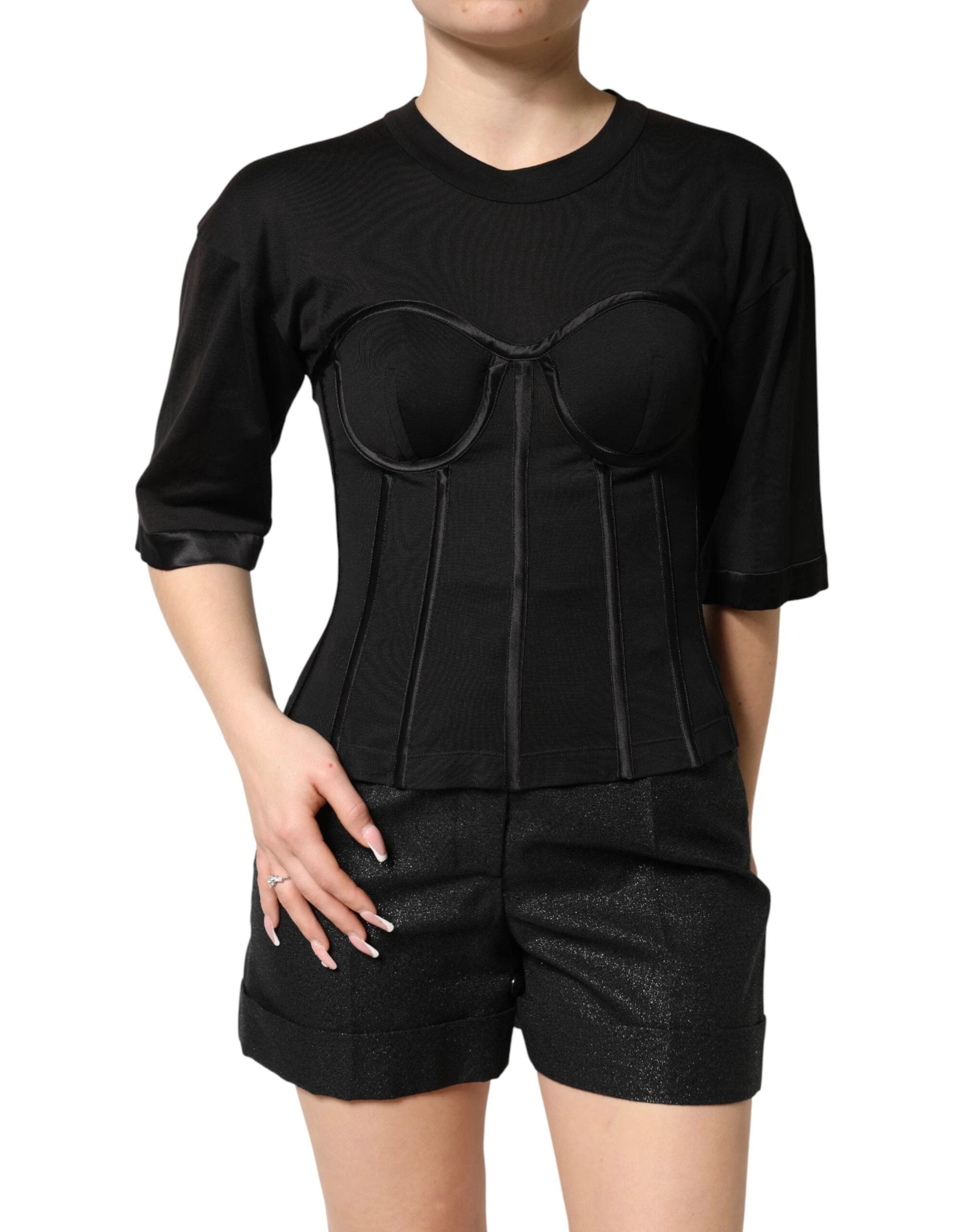 Dolce & Gabbana Black Cotton Bustier Corset Short Sleeves T-shirt by Dolce & Gabbana