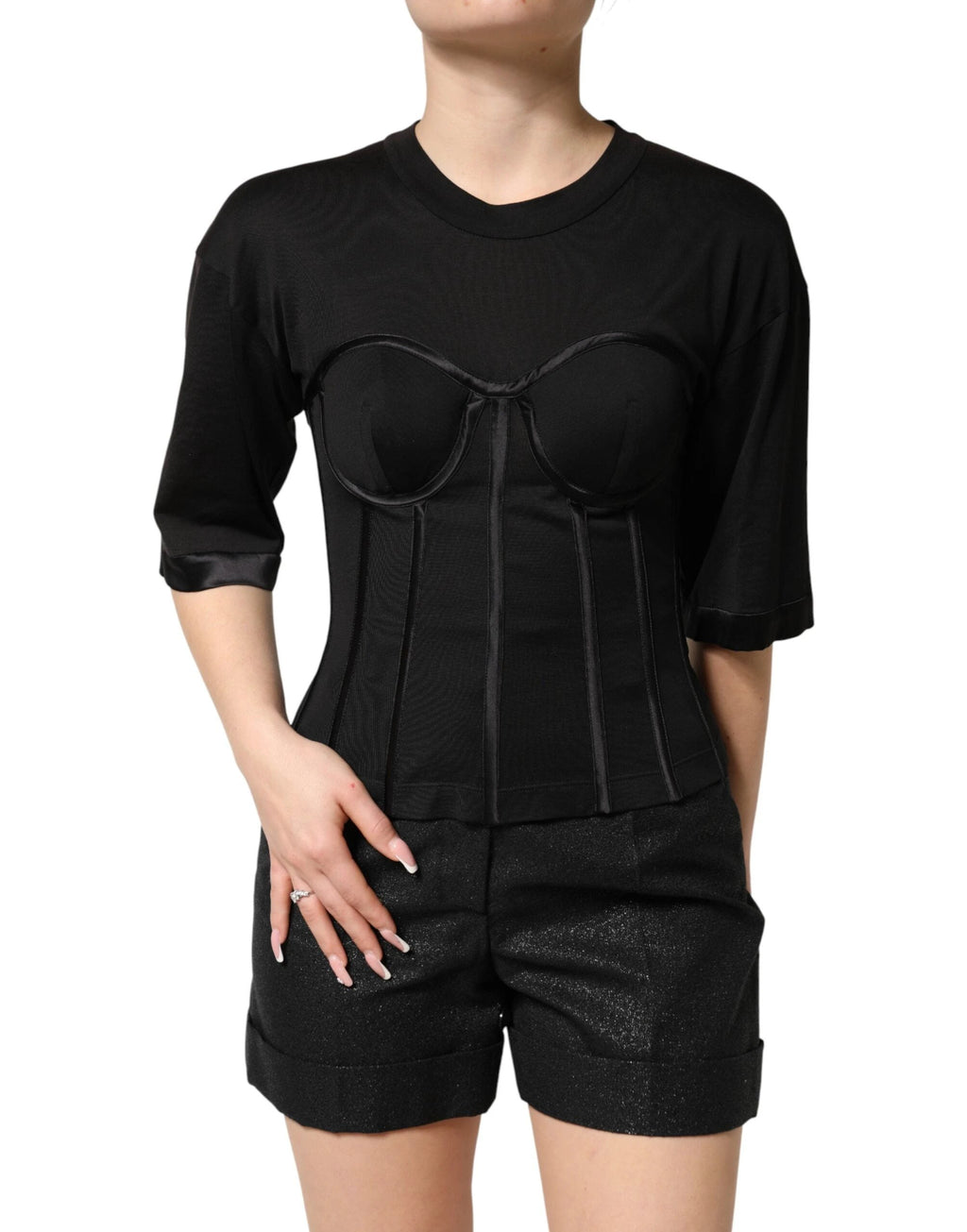 Dolce & Gabbana Black Cotton Bustier Corset Short Sleeves T-shirt by Dolce & Gabbana