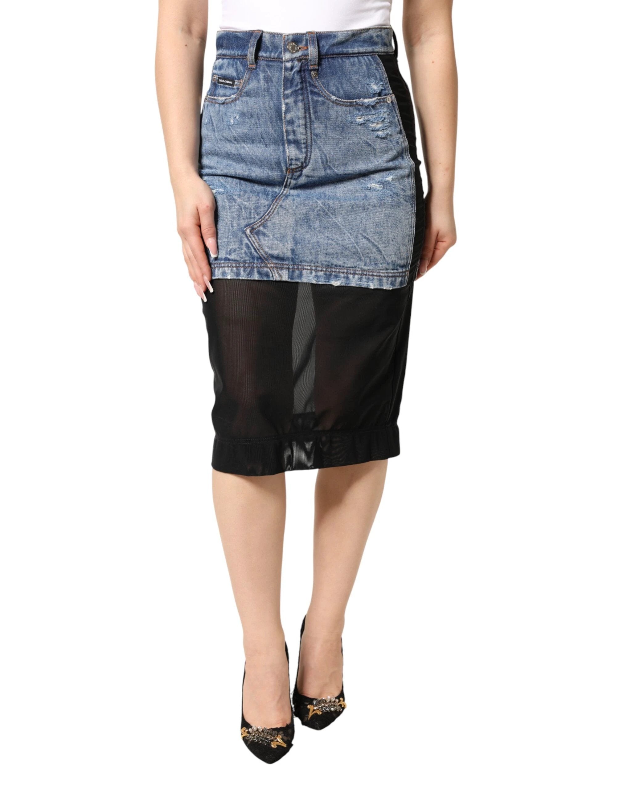 Dolce & Gabbana Blue Black Cotton Denim Sheer Midi Skirt by Dolce & Gabbana