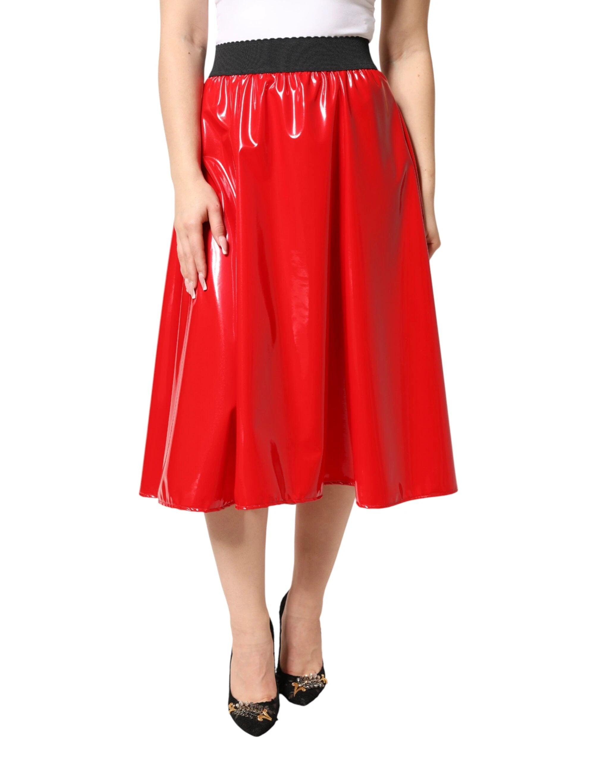 Dolce & Gabbana Glossy Red Polyester High Waist Midi Skirt by Dolce & Gabbana