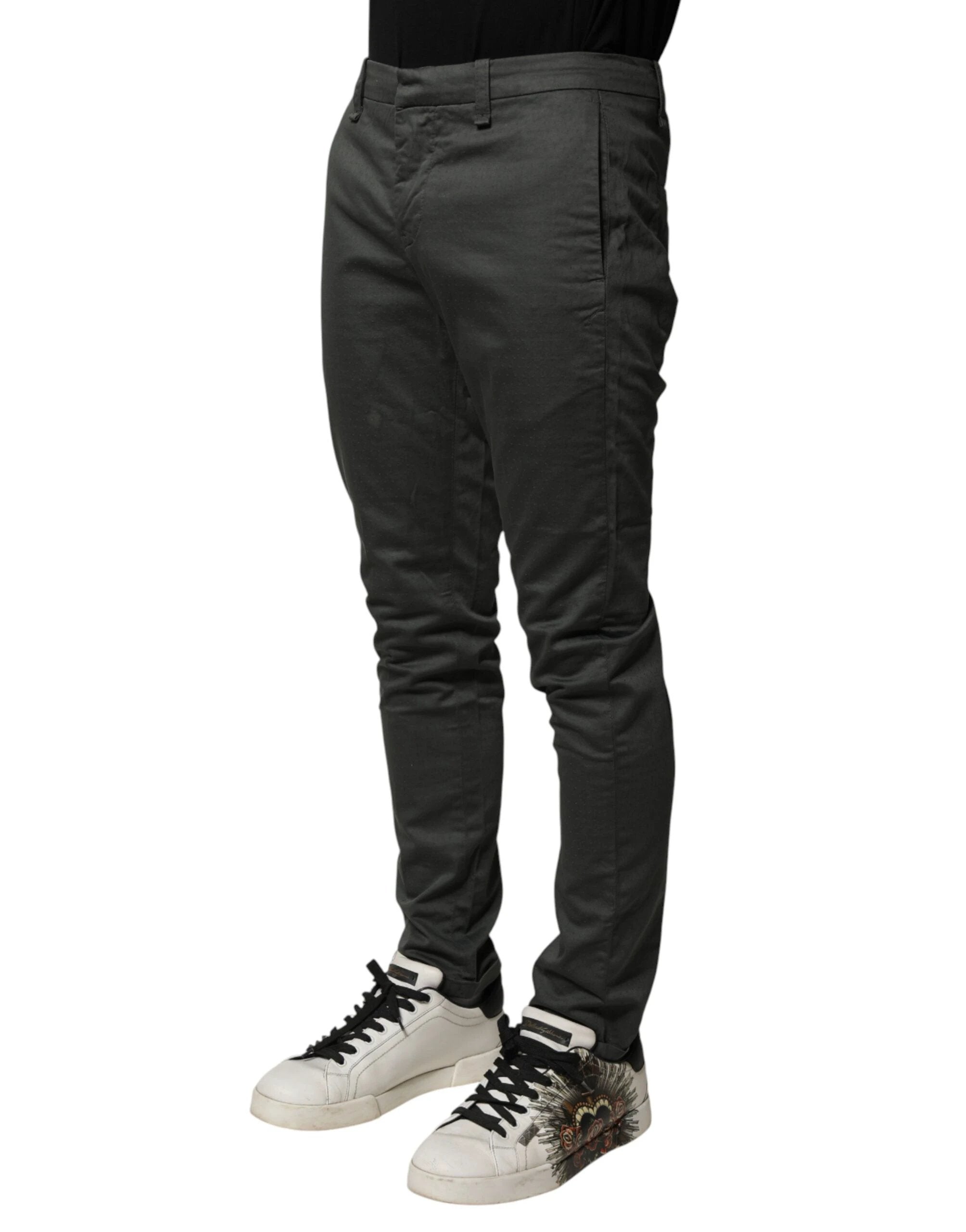 Dondup Dark Gray Cotton Mid Waist Skinny Men Chino Trouser Pants by Dondup