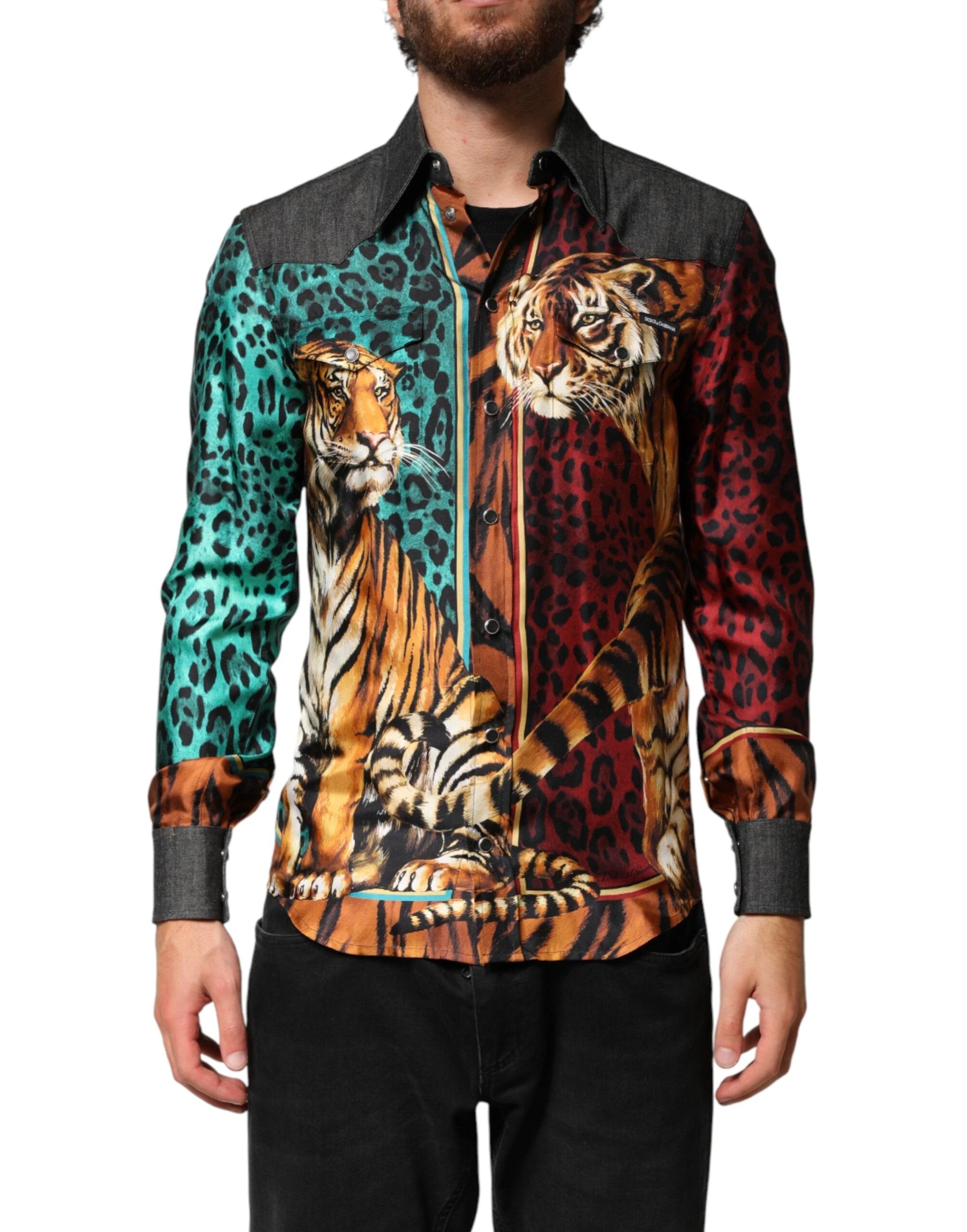 Dolce & Gabbana Multicolor Tiger Leopard Print Silk Men Shirt by Dolce & Gabbana