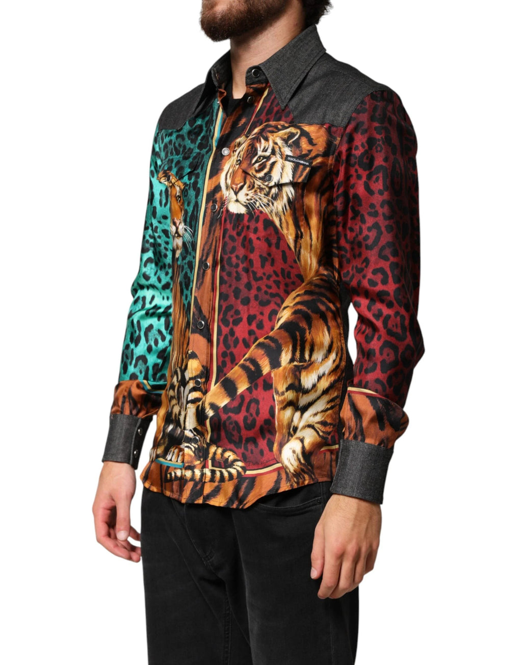 Dolce & Gabbana Multicolor Tiger Leopard Print Silk Men Shirt by Dolce & Gabbana