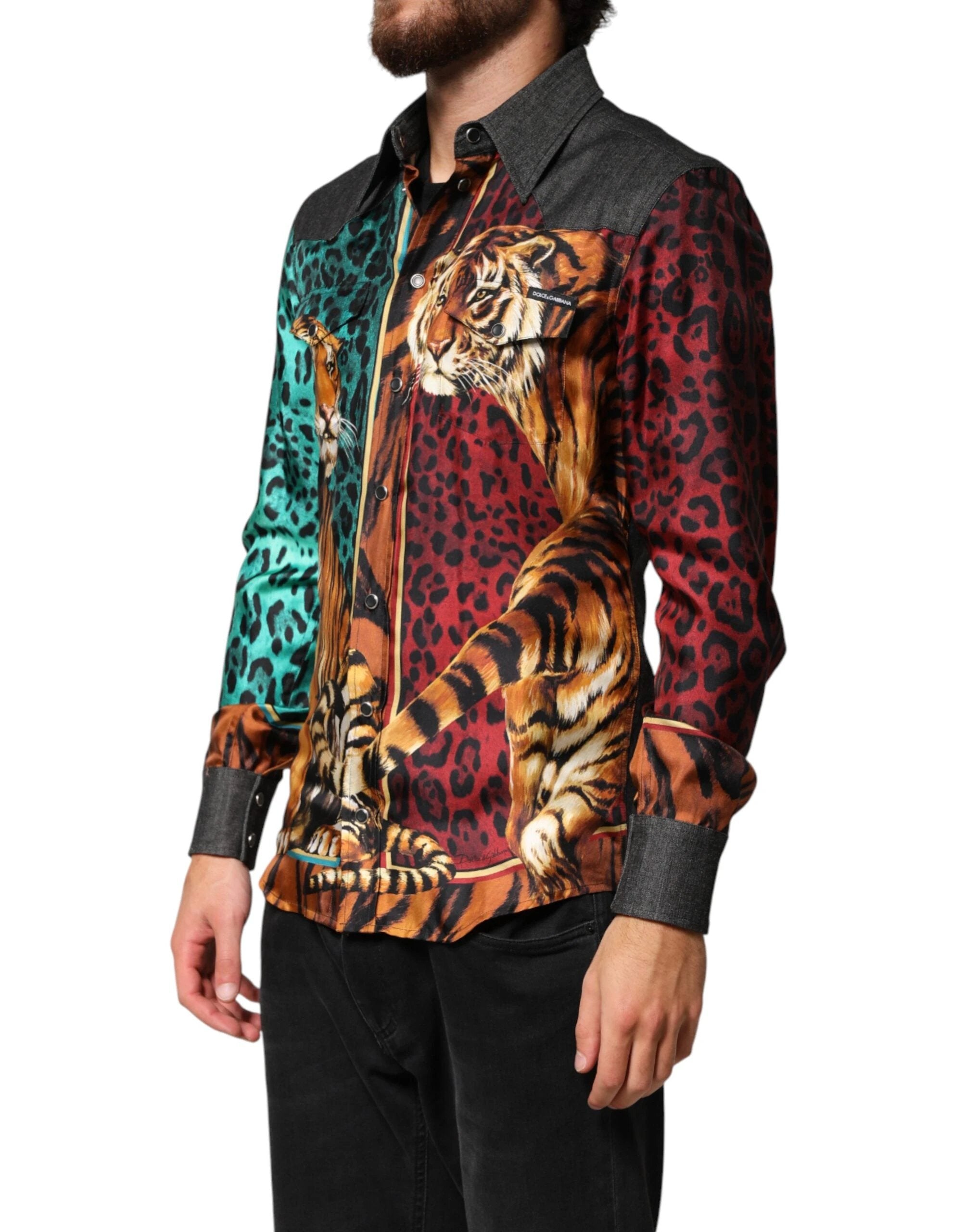 Dolce & Gabbana Multicolor Tiger Leopard Print Silk Men Shirt by Dolce & Gabbana