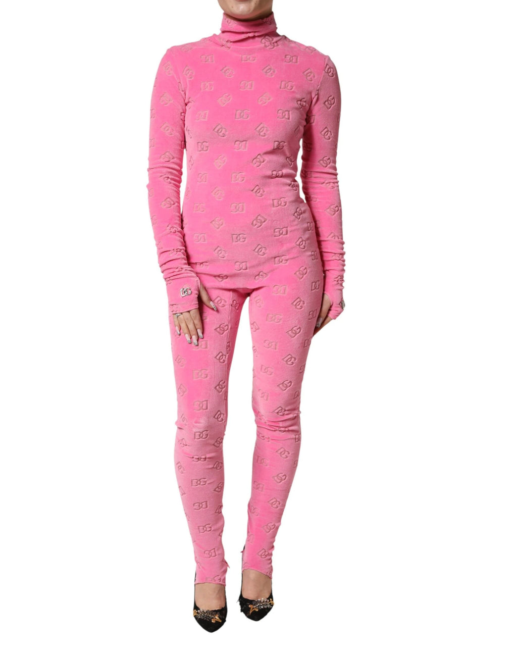 Dolce & Gabbana Pink Logo Monogram Long Sleeve Jumpsuit Dress by Dolce & Gabbana