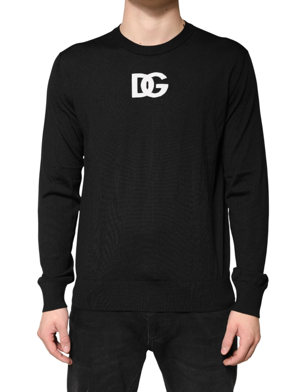 Dolce & Gabbana Black Wool DG Crew Neck Men Pullover Sweater by Dolce & Gabbana