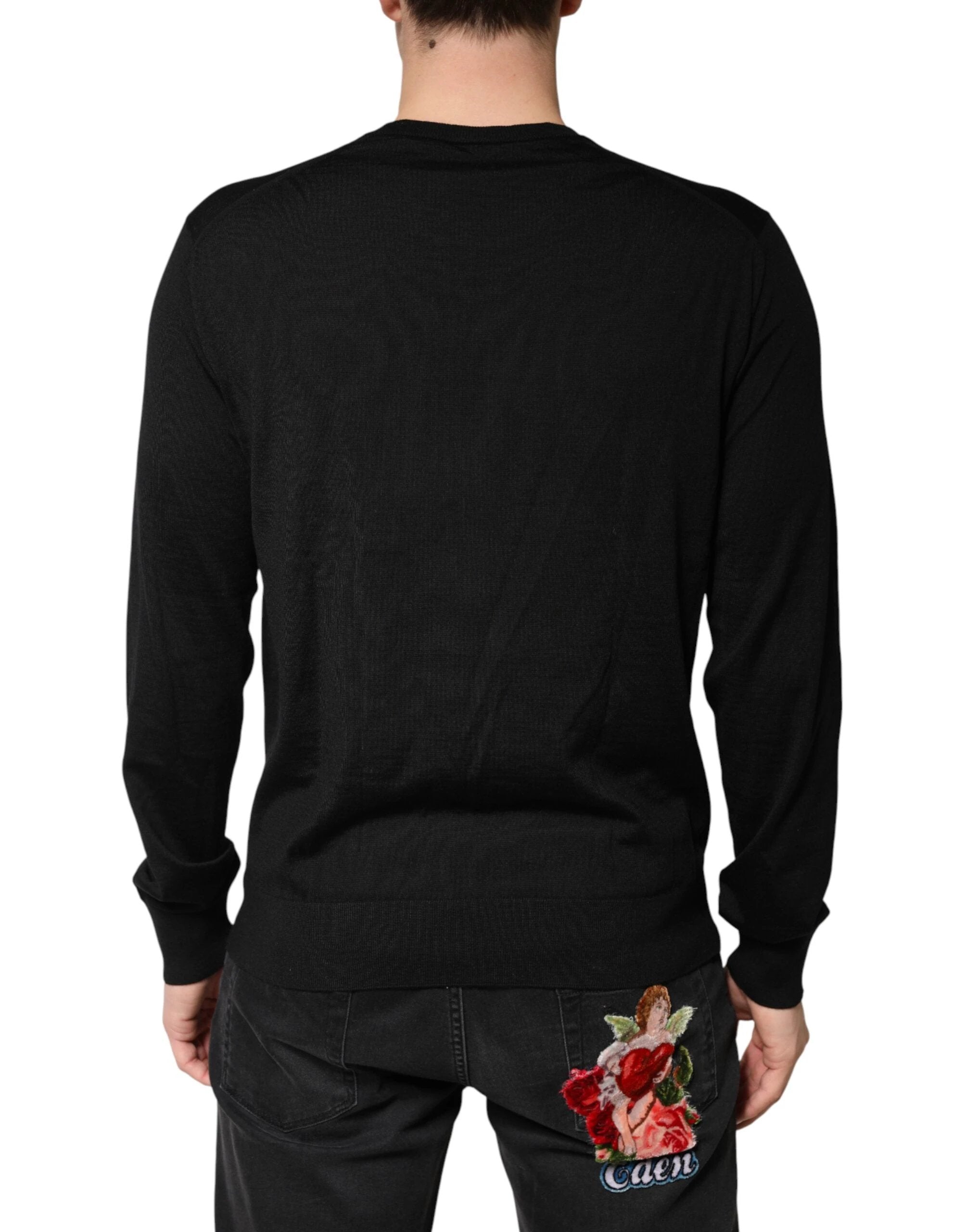 Dolce & Gabbana Black Wool DG Crew Neck Men Pullover Sweater by Dolce & Gabbana