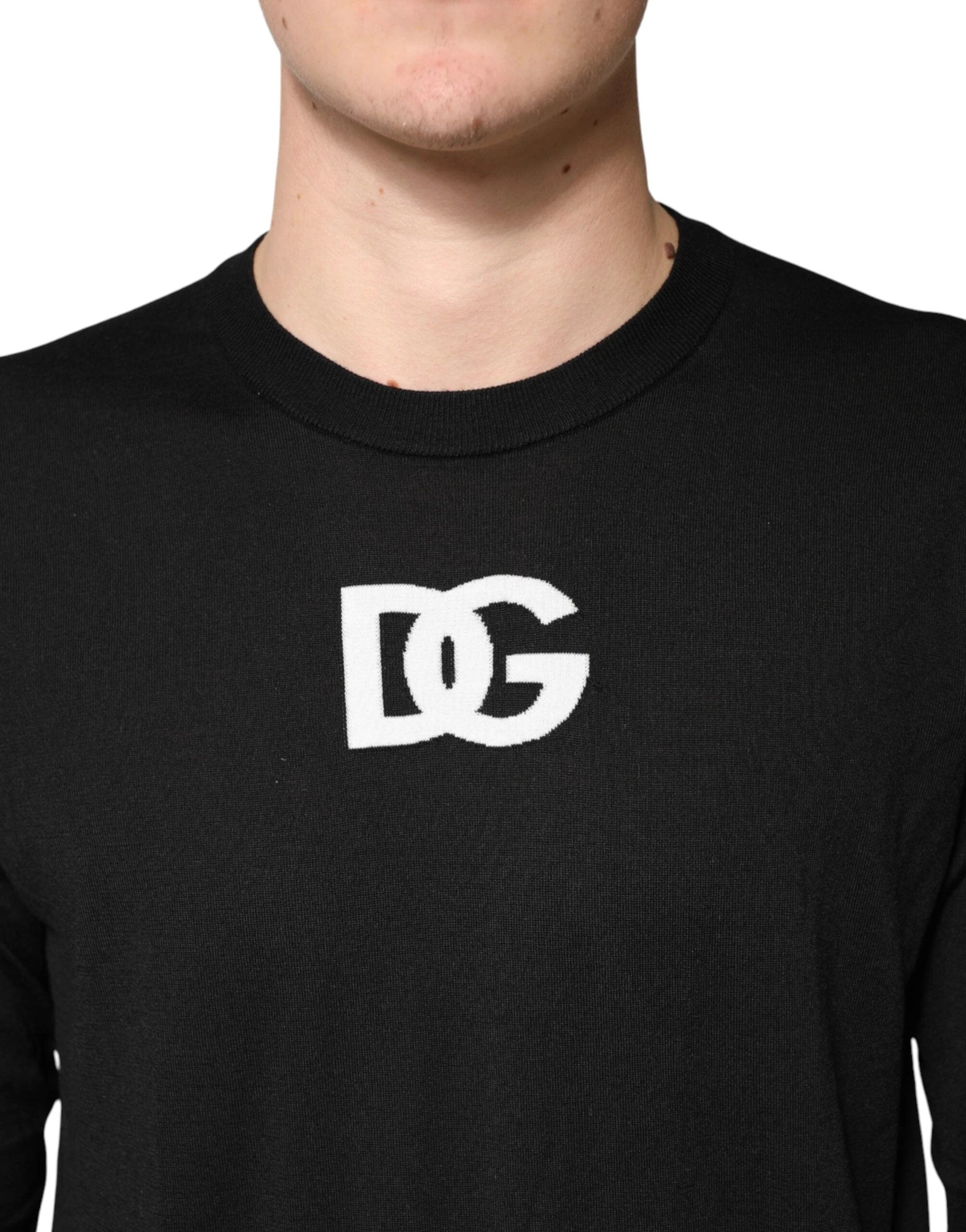 Dolce & Gabbana Black Wool DG Crew Neck Men Pullover Sweater by Dolce & Gabbana