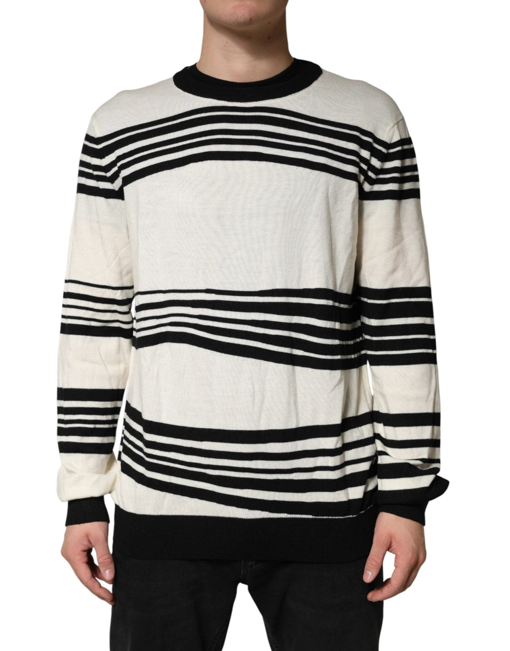 Dolce & Gabbana Black White Stripe CrewNeck Pullover Sweater by Dolce & Gabbana