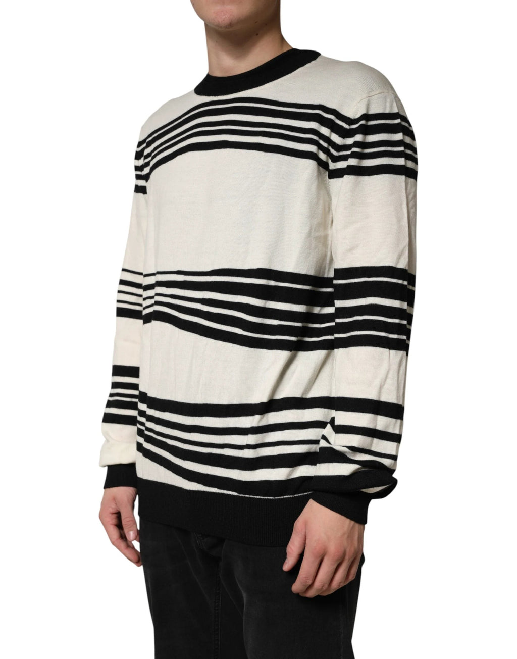 Dolce & Gabbana Black White Stripe CrewNeck Pullover Sweater by Dolce & Gabbana